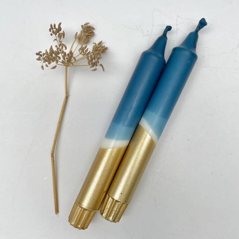 Teal Blue & Gold Dip Dyed Dinner Candles