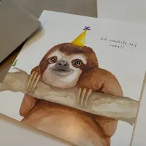 Illustration of a sloth wearing a party hat on a branch with text.