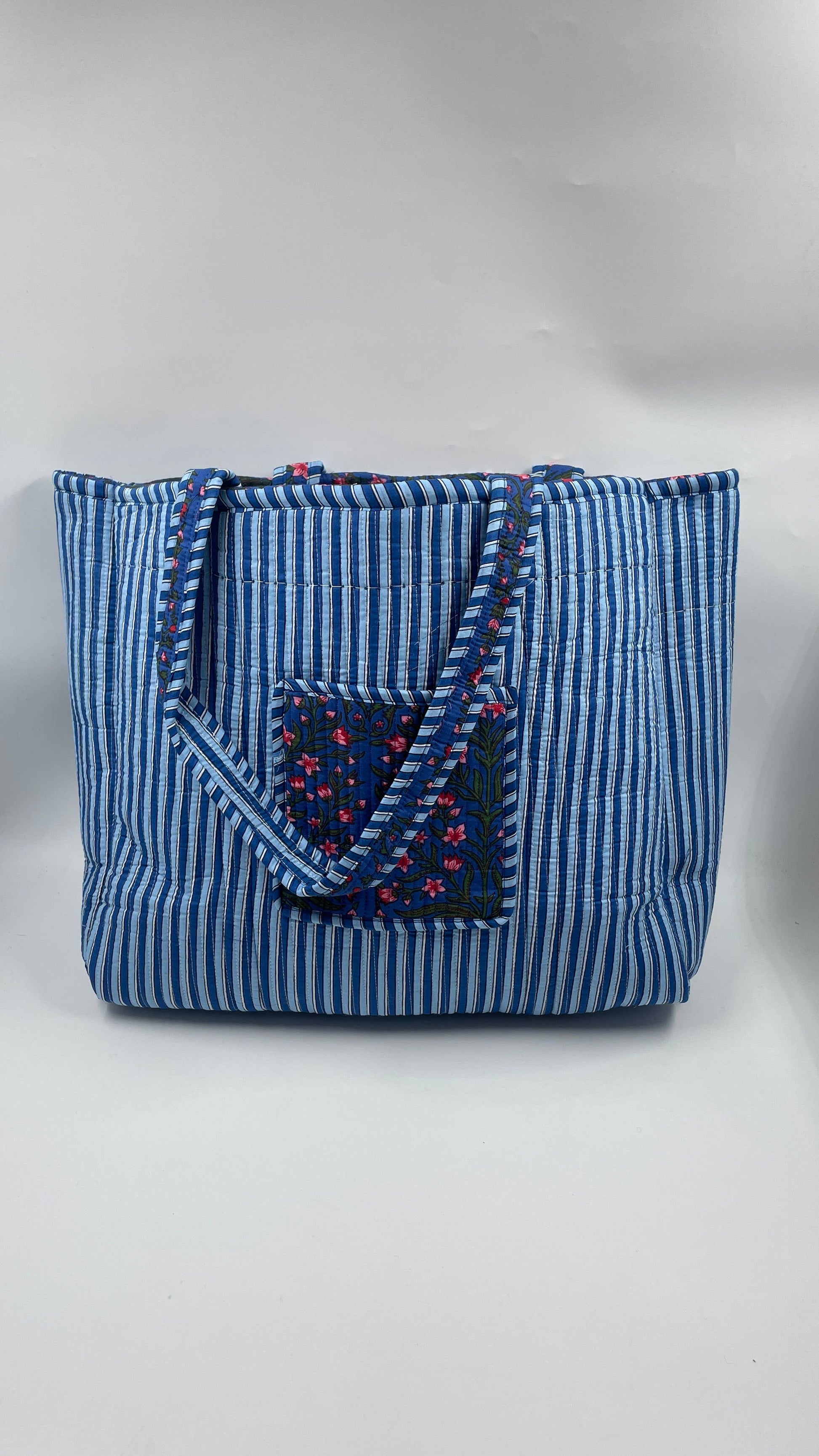 Dark Blue Floral Cotton Quilted Tote Bag