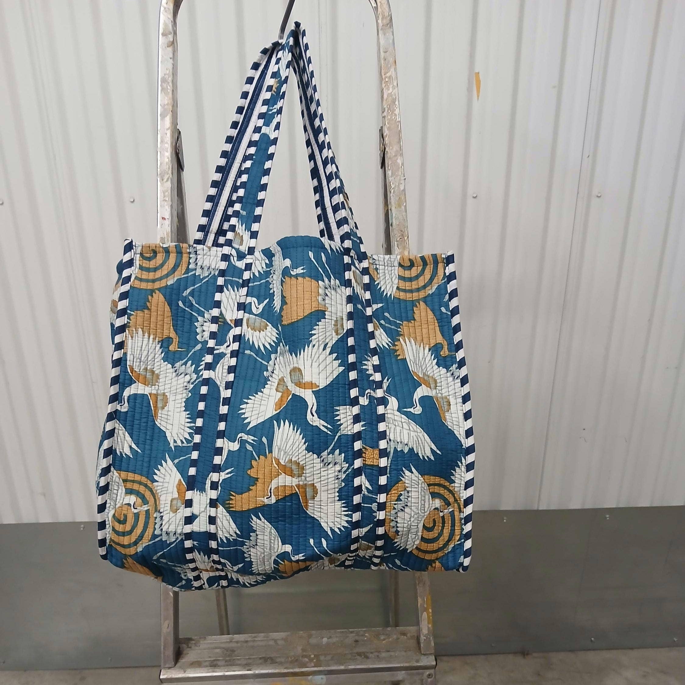 Blue Crane Cotton Kantha Large Quilted Tote Bag