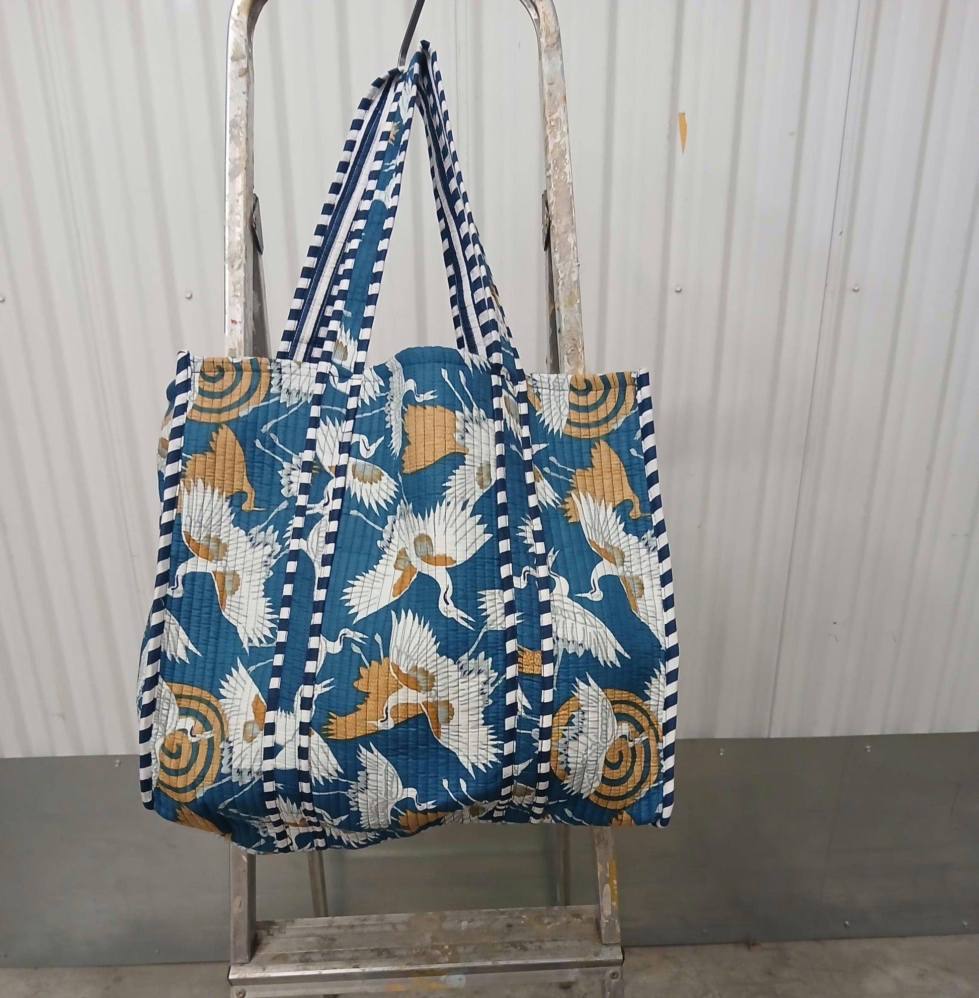Blue Crane Cotton Kantha Large Quilted Tote Bag