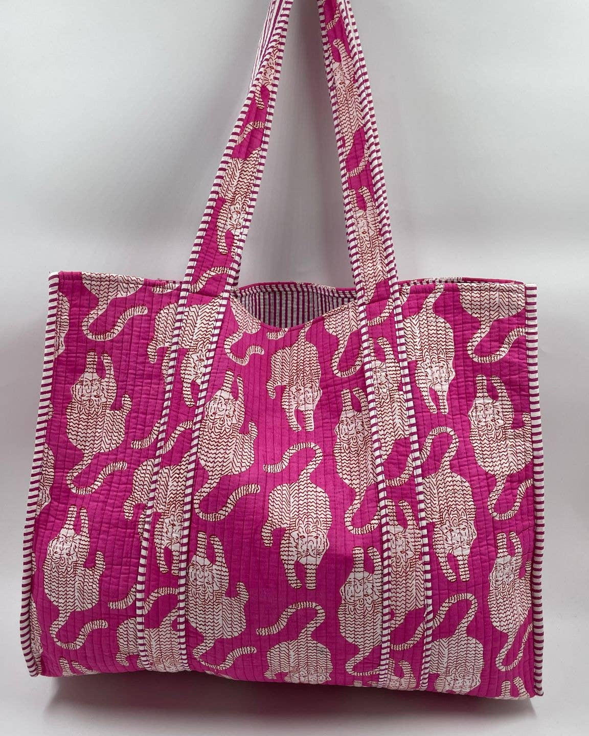 Cotton Pink Tiger Kantha Quilted Tote Bag