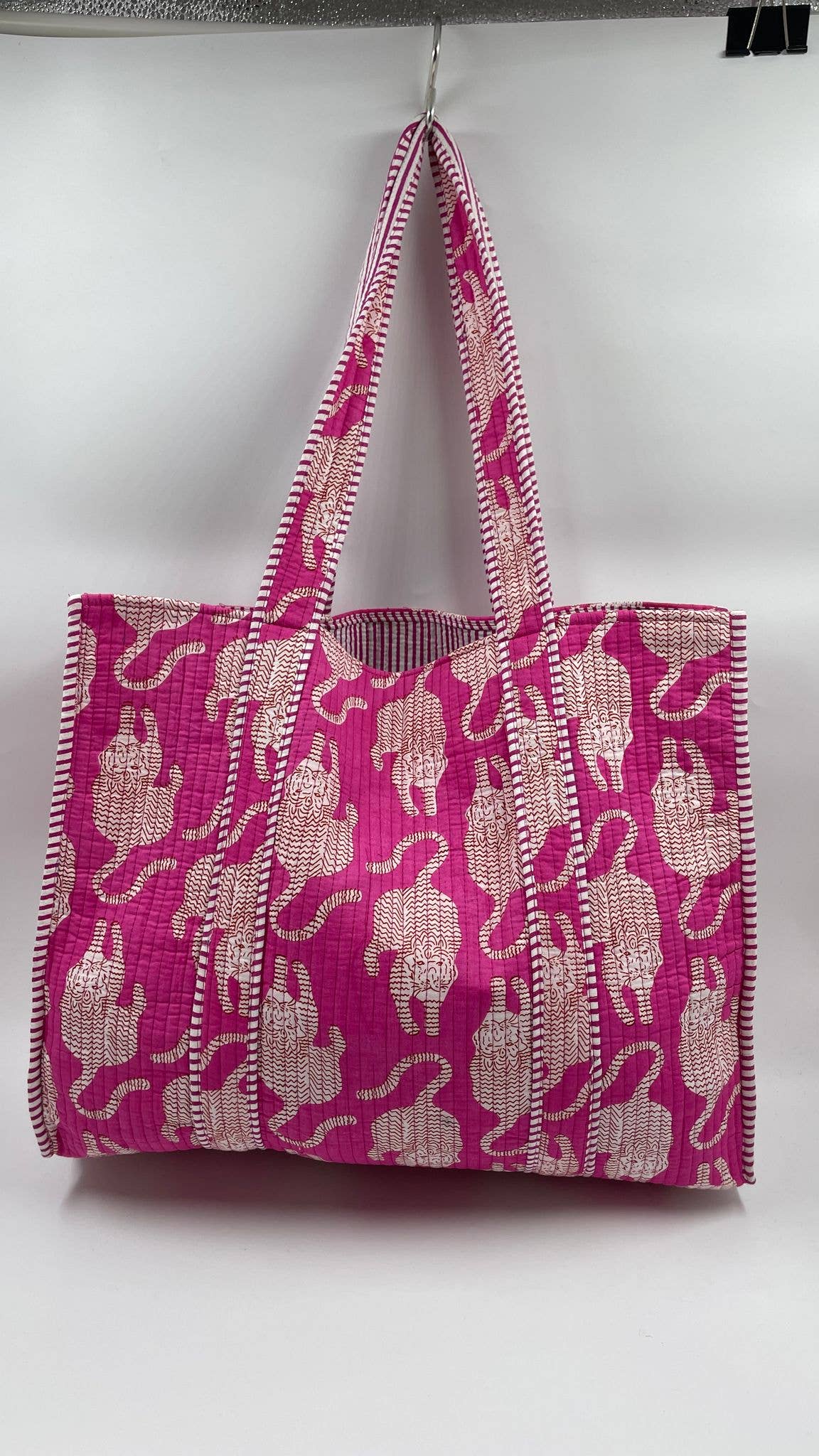 Cotton Pink Tiger Kantha Quilted Tote Bag