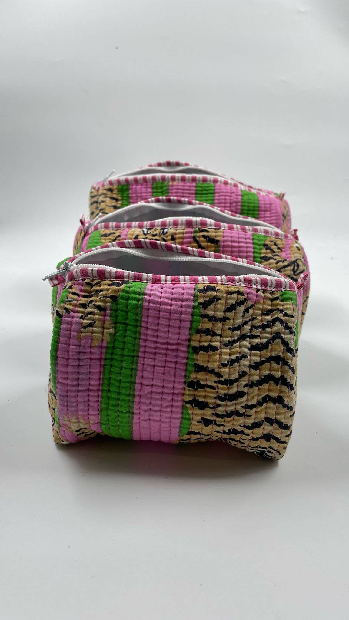 Pink & Green Tiger quilted wash bags -  Set of 3 small, medium & large