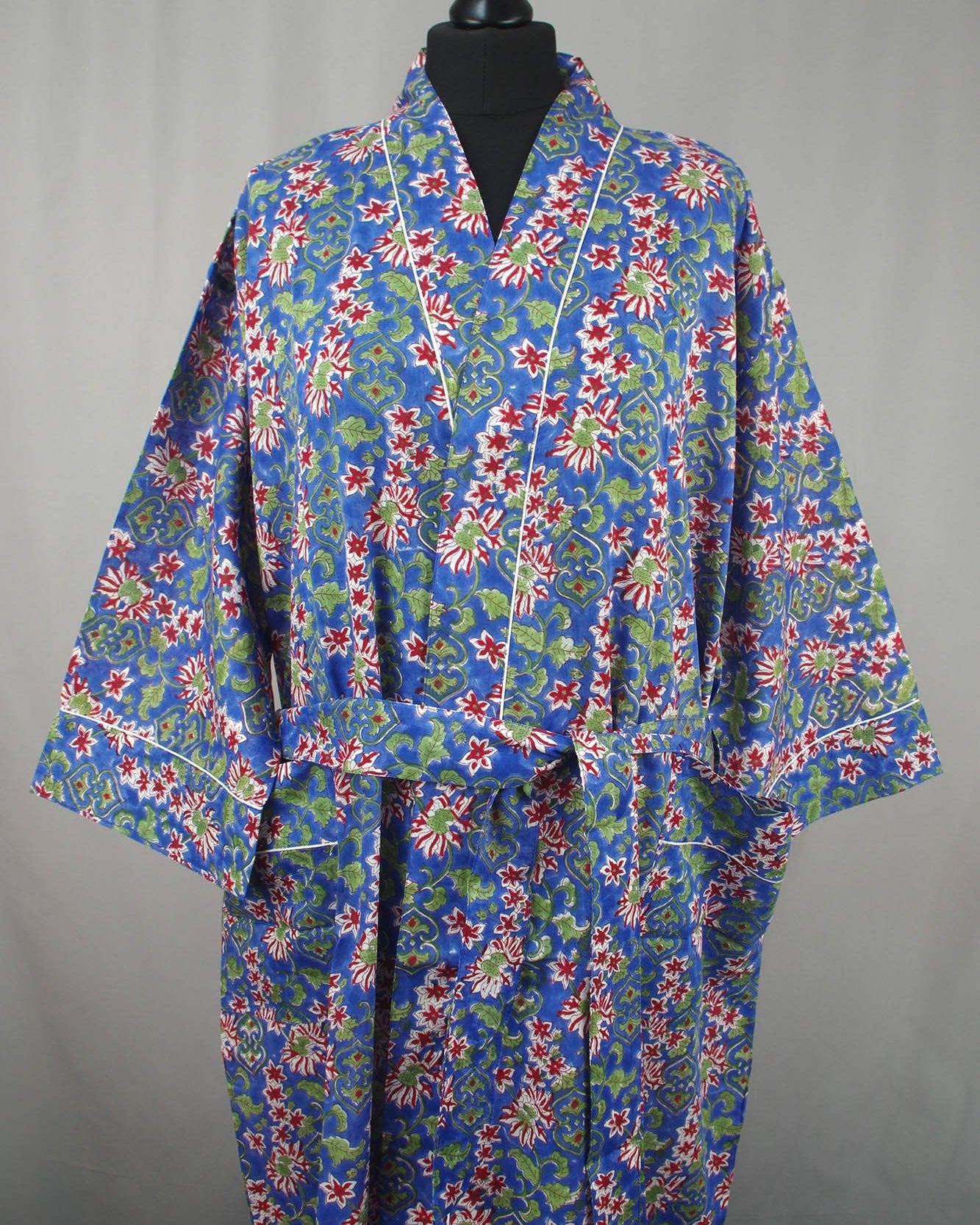 Cotton Kimono Dressing Gown - Red Flowers On Blue