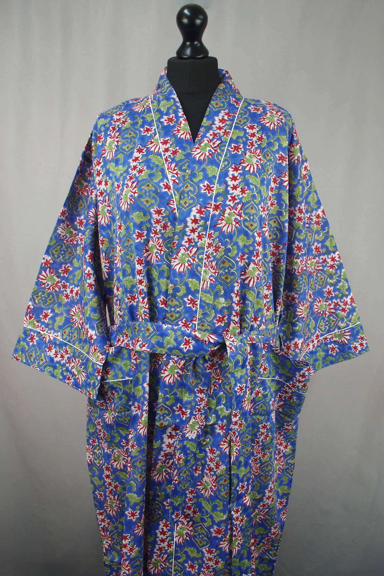 Cotton Kimono Dressing Gown - Red Flowers On Blue