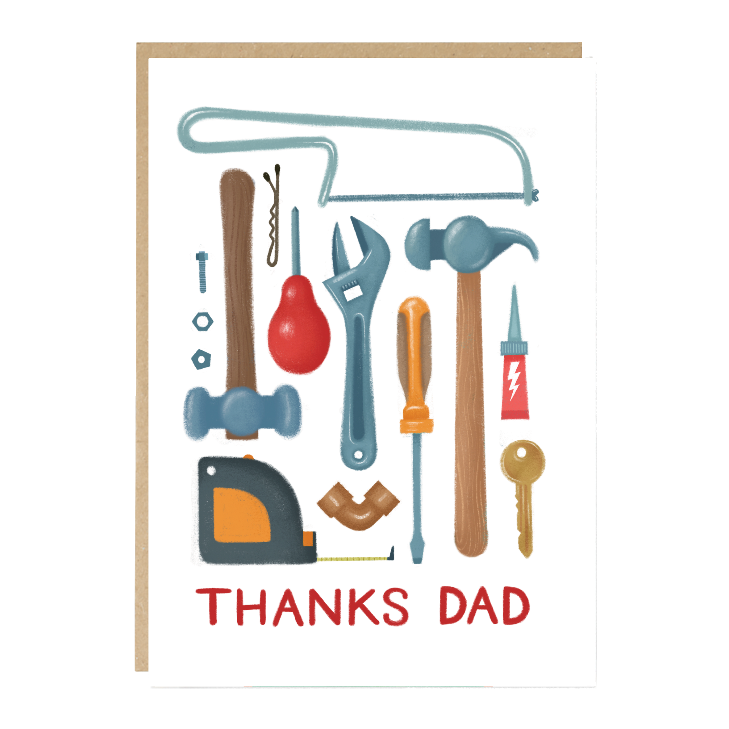 Card with tools illustration and 'Thanks Dad' text on a white background