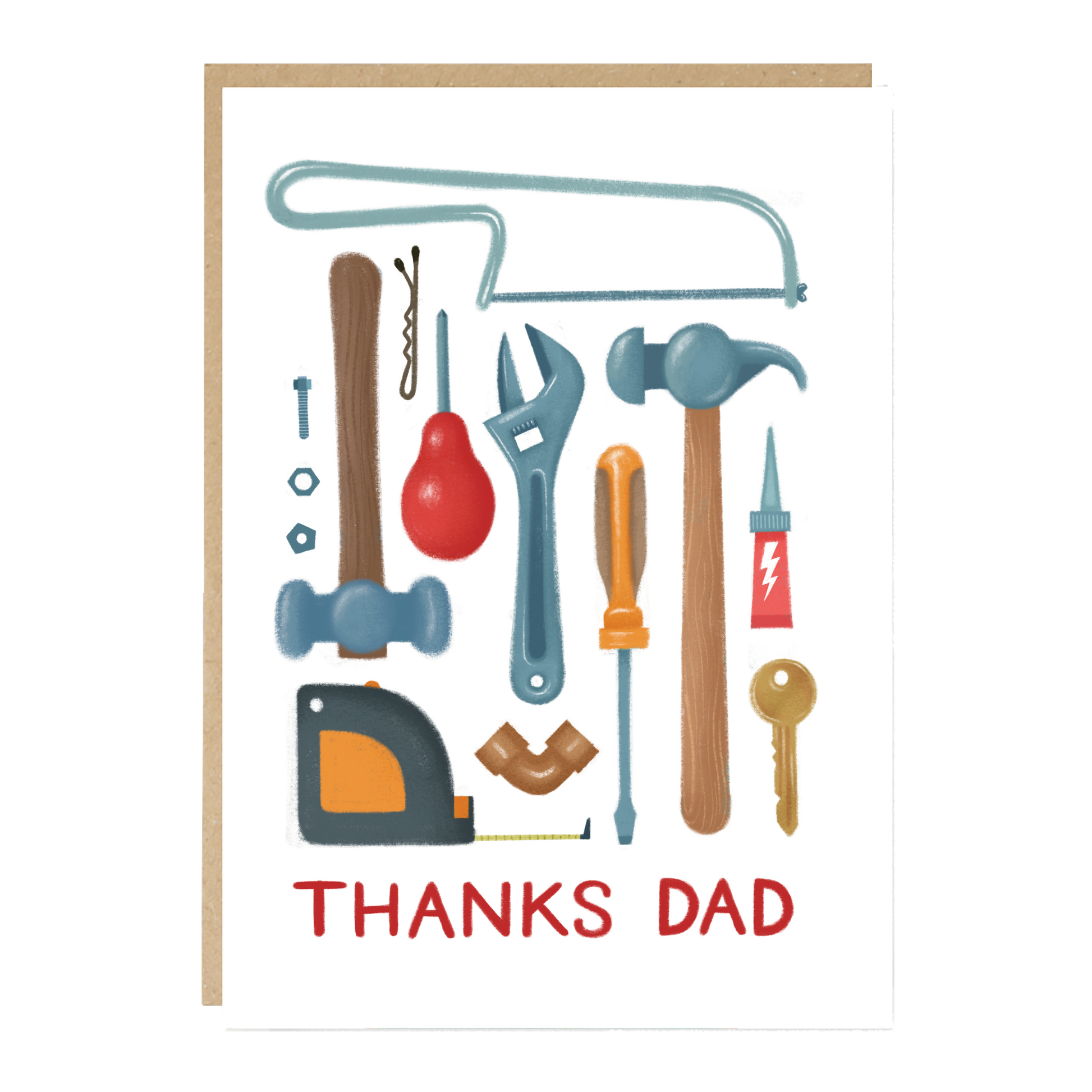 Card with tools illustration and 'Thanks Dad' text on a white background