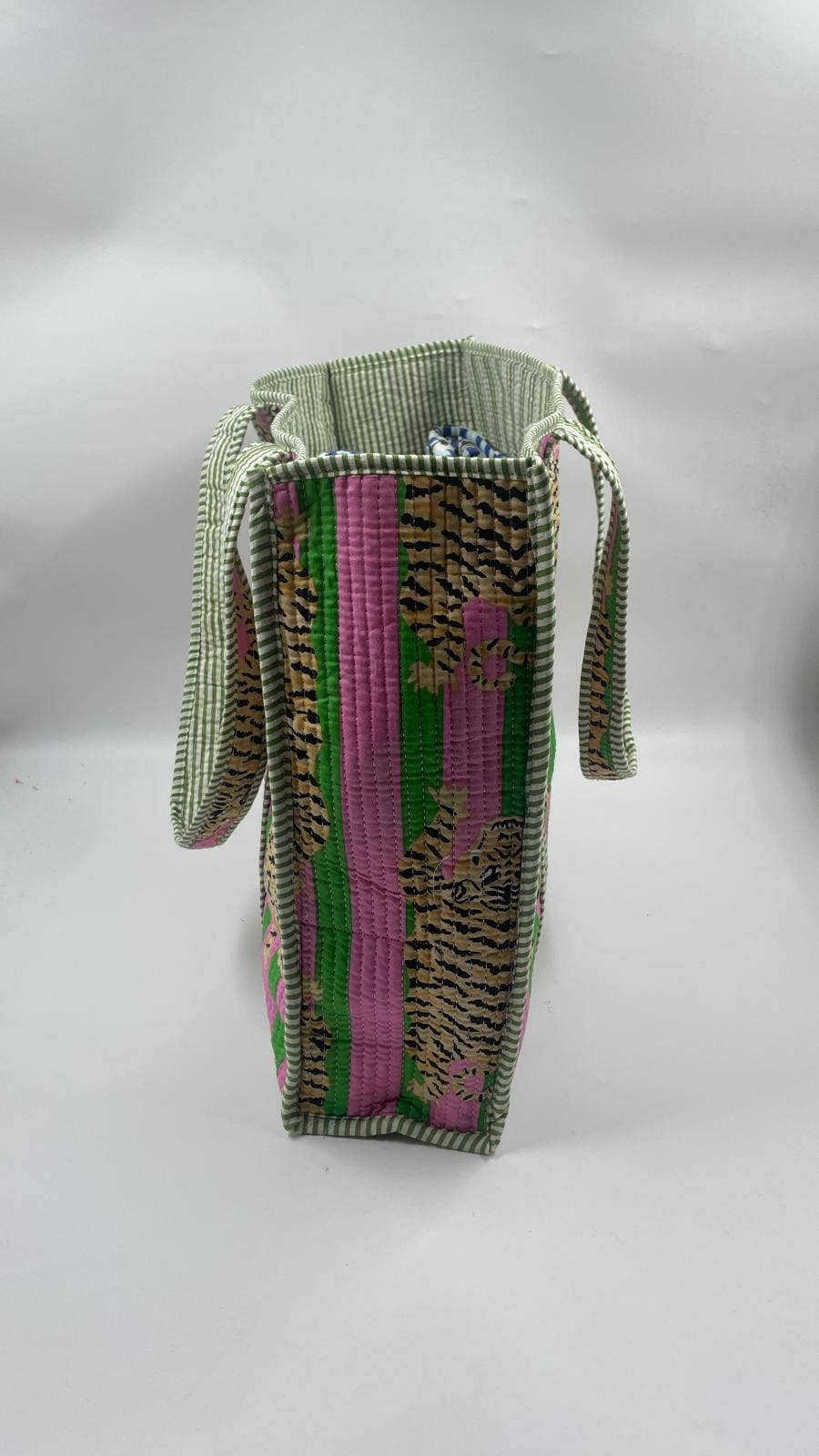 Pink & Green Tiger Cotton Kantha Tiger Tote Bag