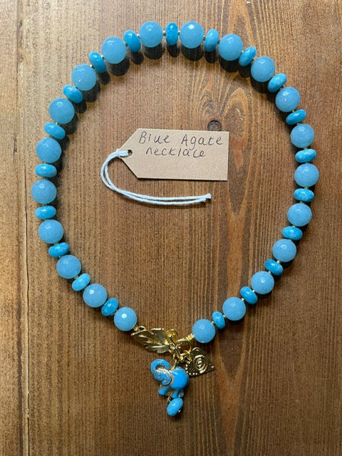 Blue agate and gold elephant necklace