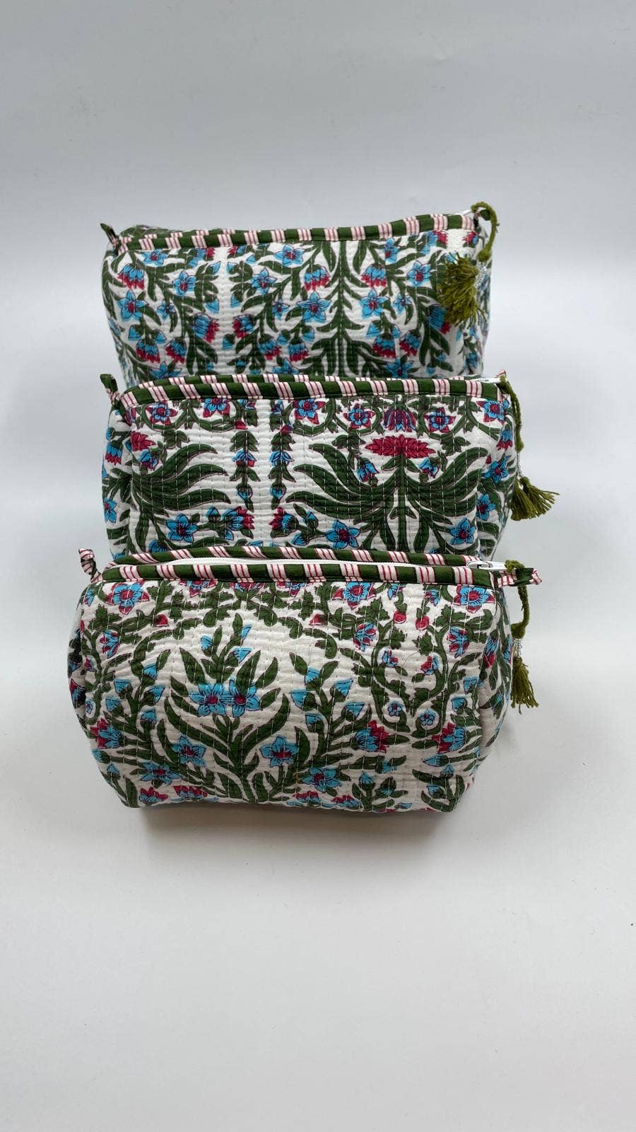 Botanical cotton  quilted wash bag  - set of three small, medium, large