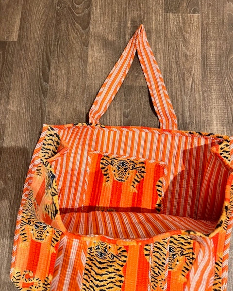Orange 'Tiger Rug' velvet tote