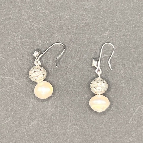 Freshwater Pearl & Silver Ball Earrings
