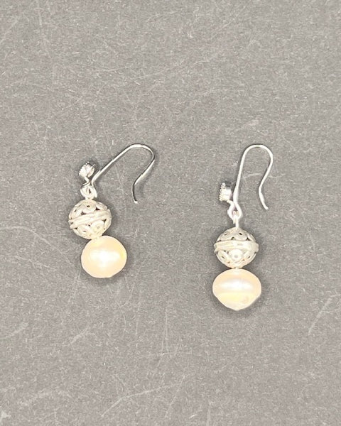 Freshwater Pearl & Silver Ball Earrings