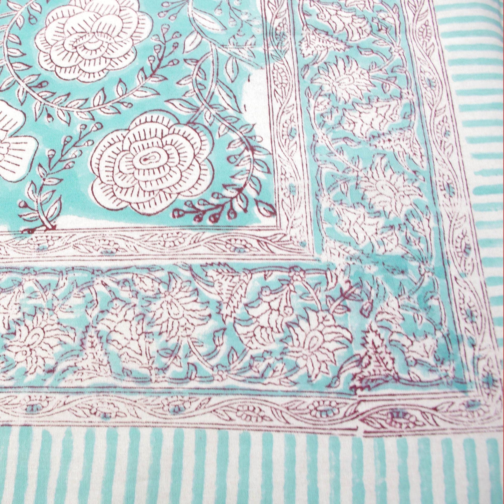 Block Printed Rectangular Tablecloth - Teal Roses