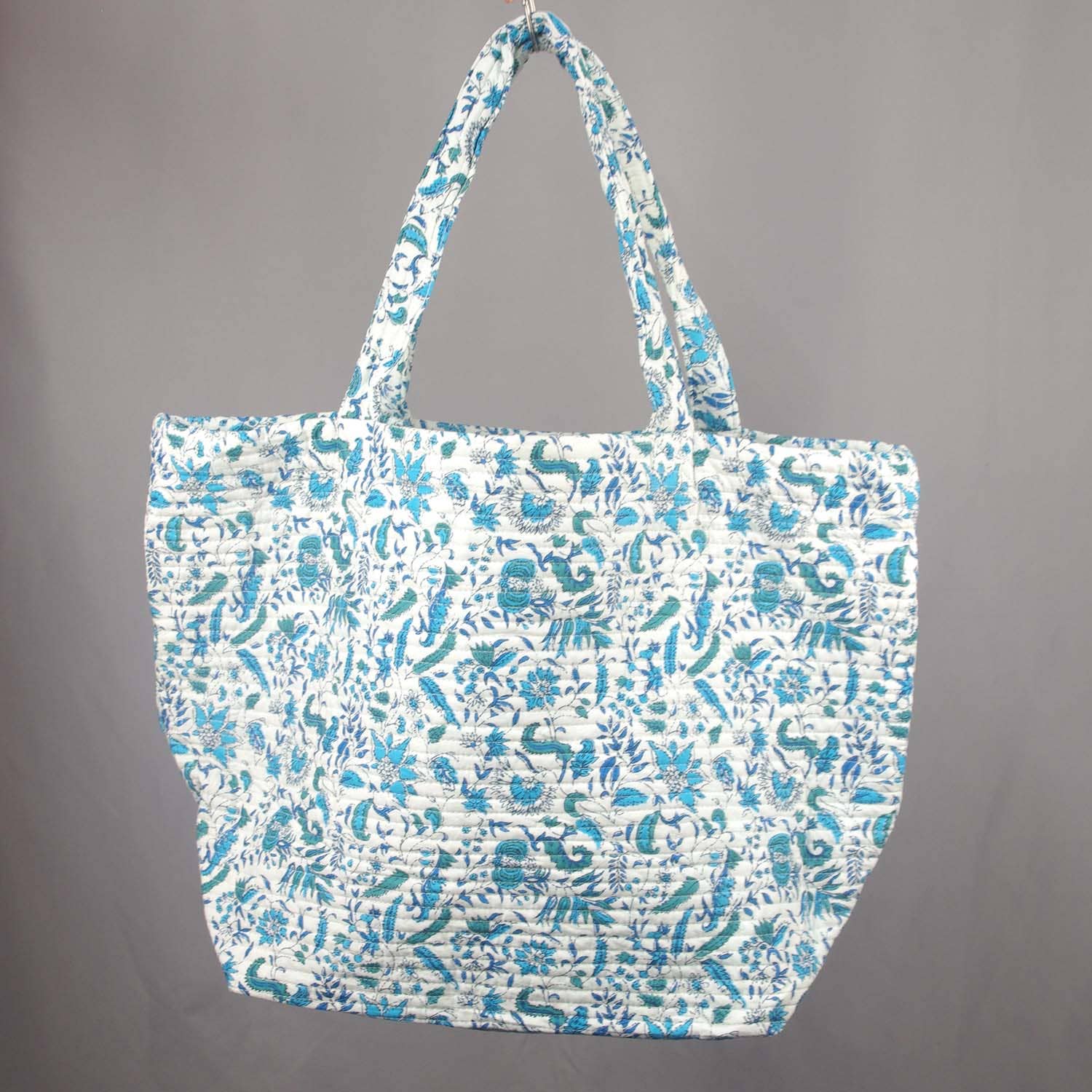 Cotton Quilted Large Shopping /Beach Bag- White Blue Floral