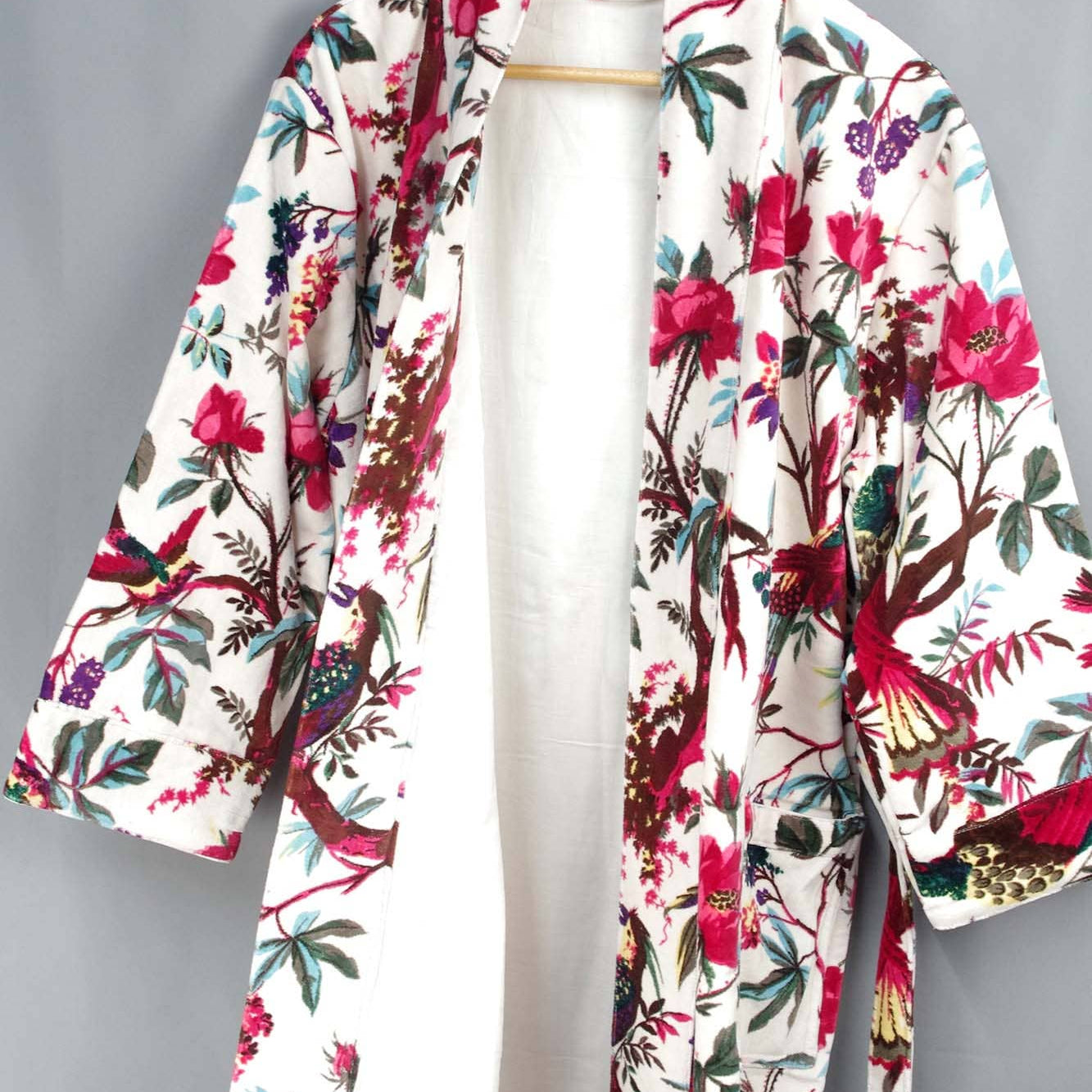 White Velvet Kimono With Tropical Flower Print