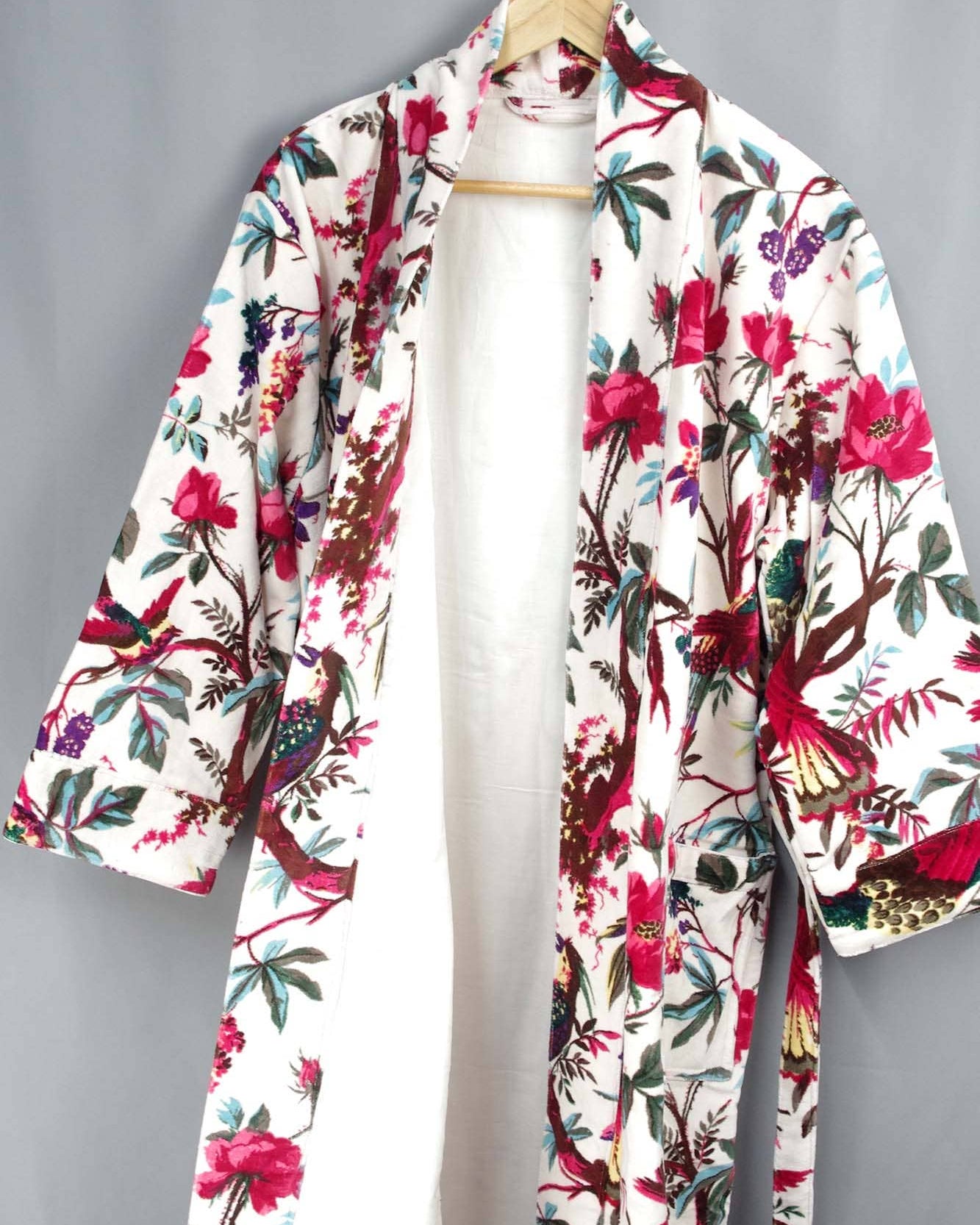 White Velvet Kimono With Tropical Flower Print