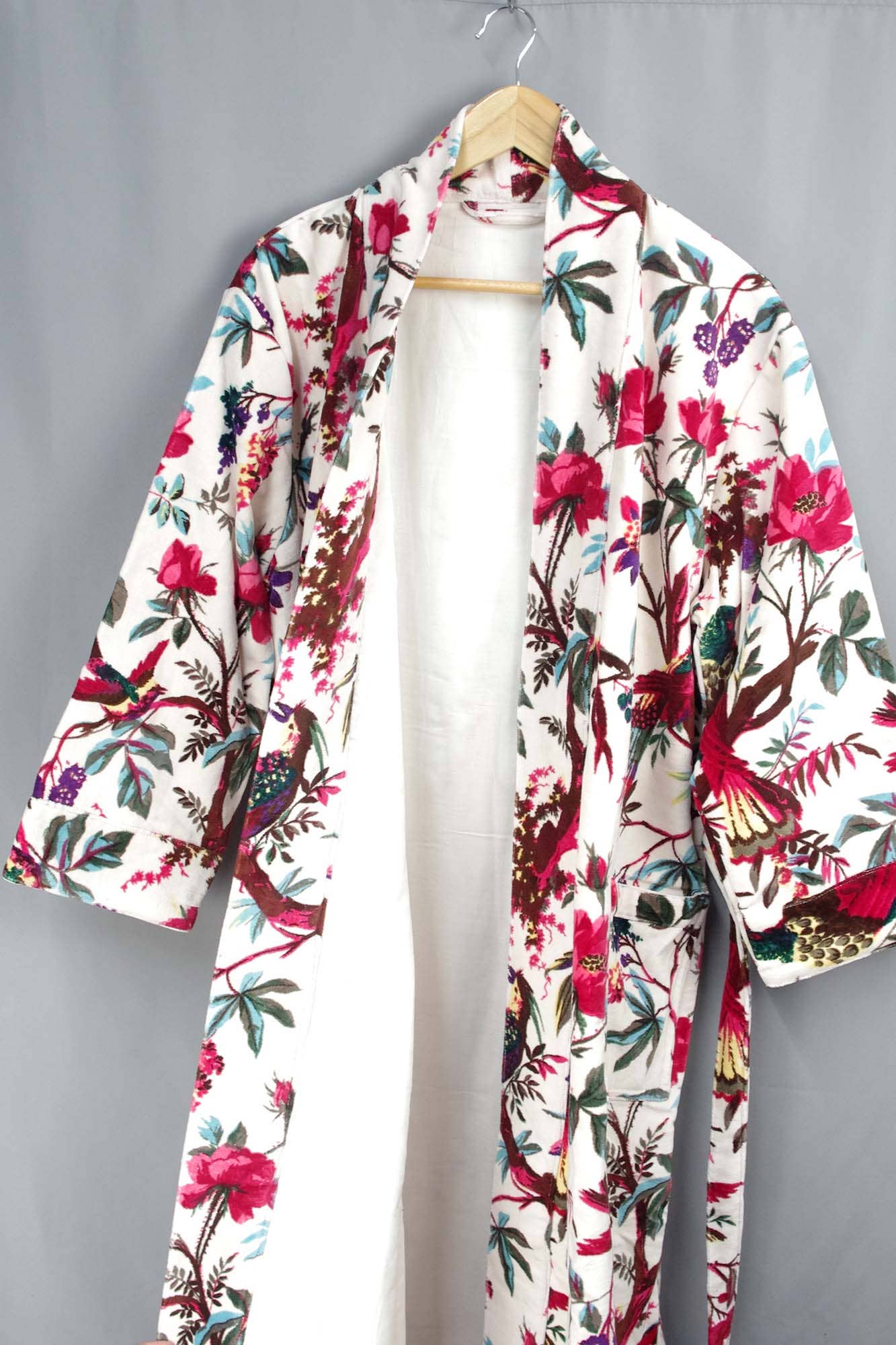 White Velvet Kimono With Tropical Flower Print