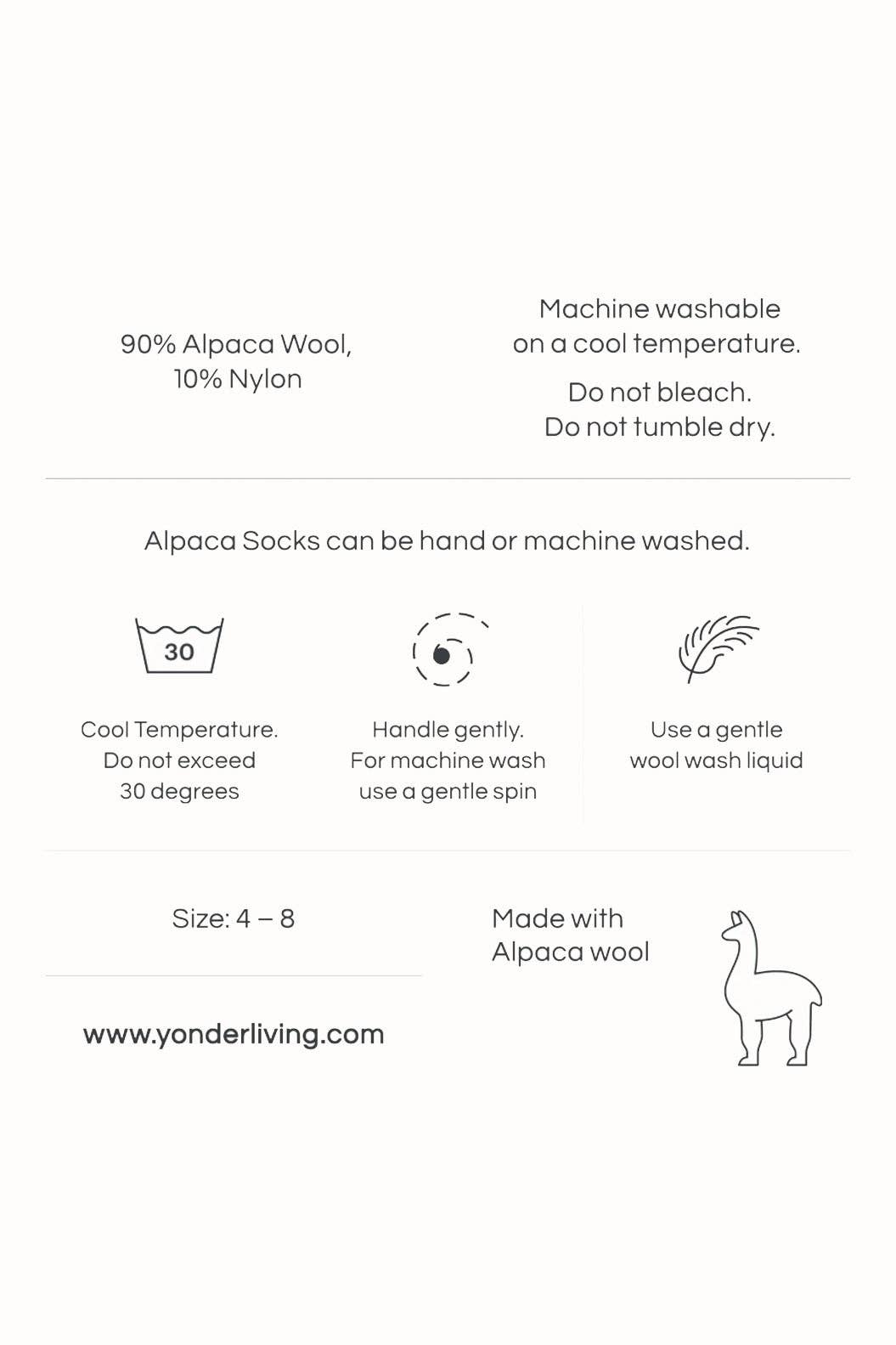 Washing instructions and product details for alpaca socks on a white background