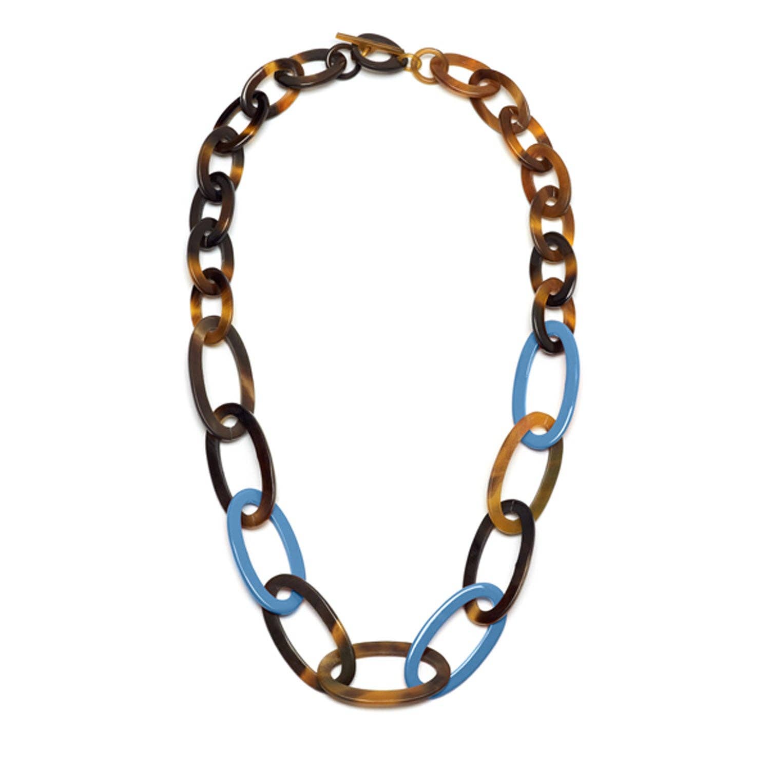 Oval link Buffalo horn necklace - Light blue/Brown