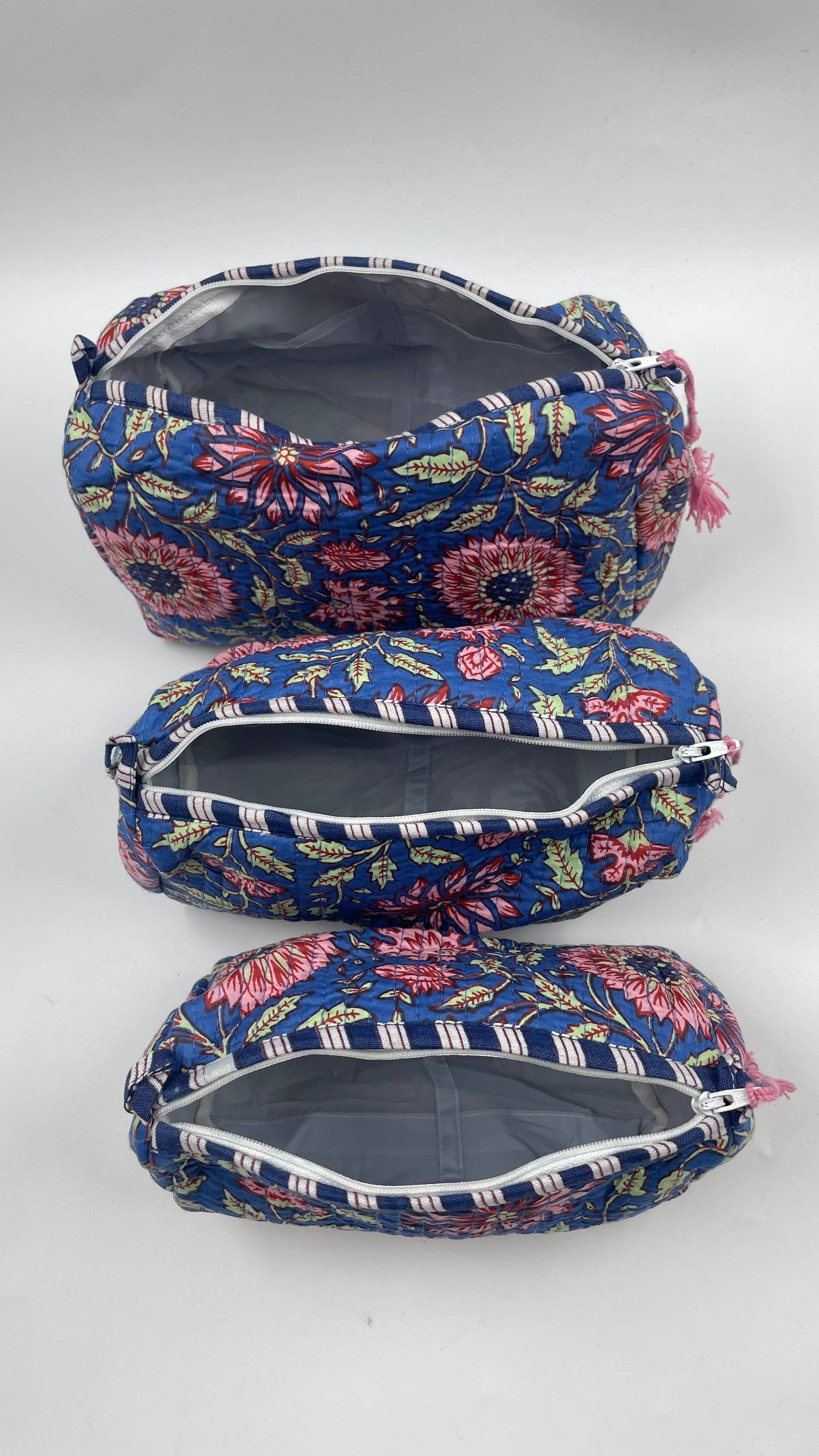 Pretty Floral  cotton  quilted wash bag - set of three -  small, medium,  large