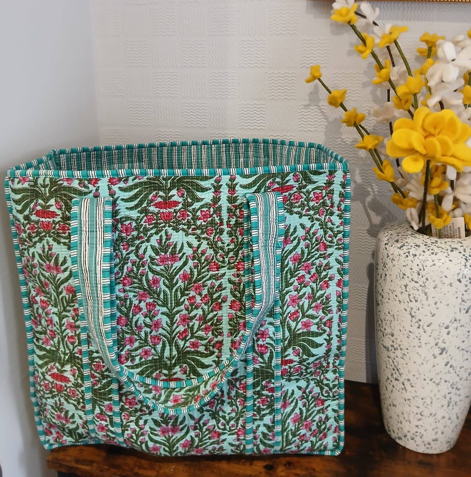 Teal Cotton Kantha Quilted Tote Bag