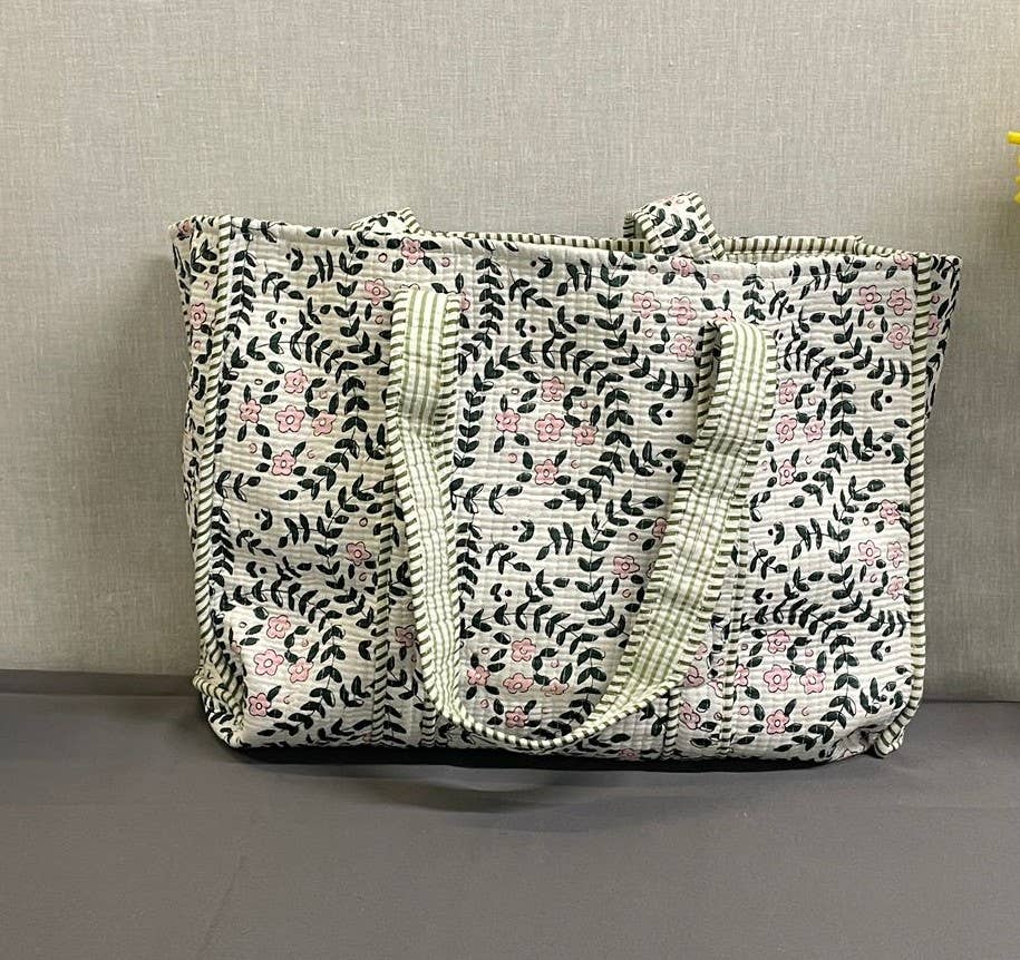 White Botanical Kantha Quilted  Tote Bag