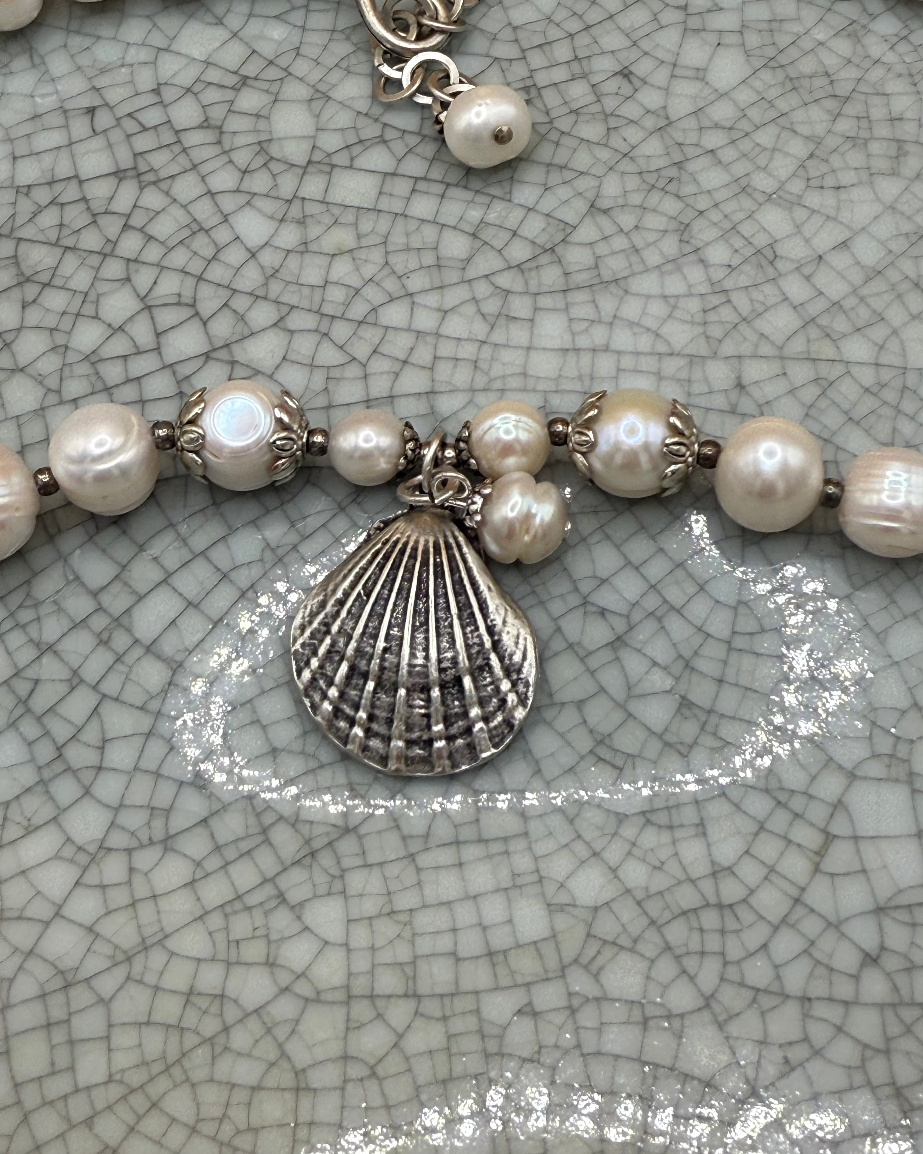 Freshwater Pearl and Silver Necklace with Silver Shell Charm