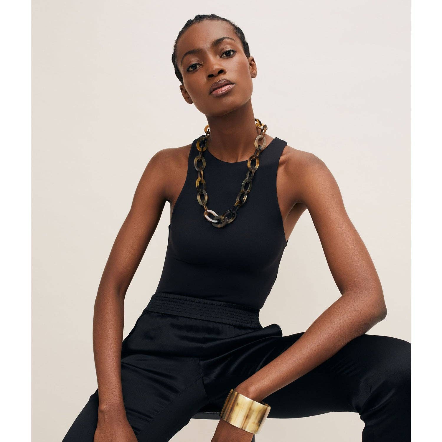 Mid length oval link Buffalo horn necklace - Brown