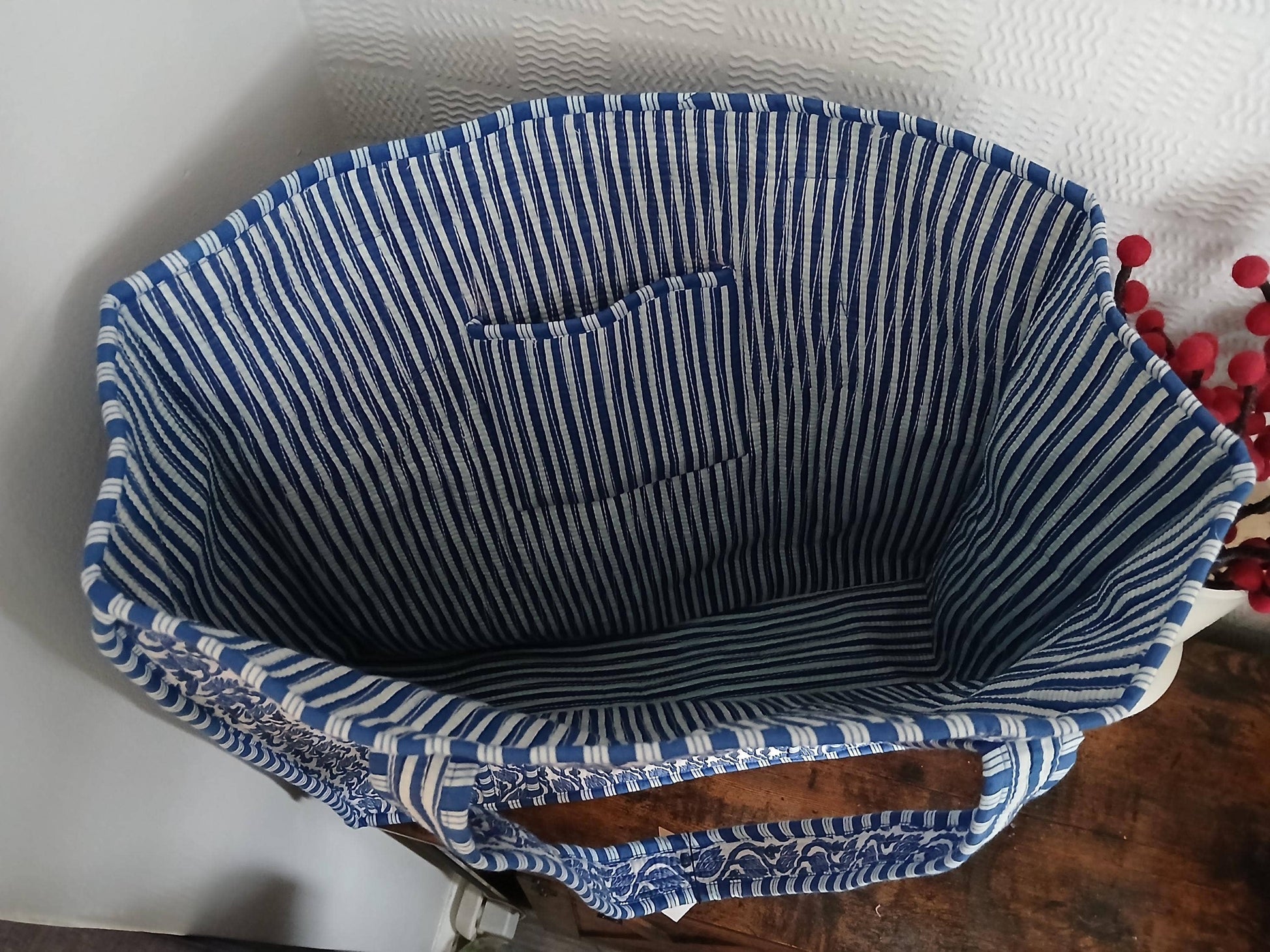 Blue Lotus Flower Print  Kantha Quilted Tote Bag