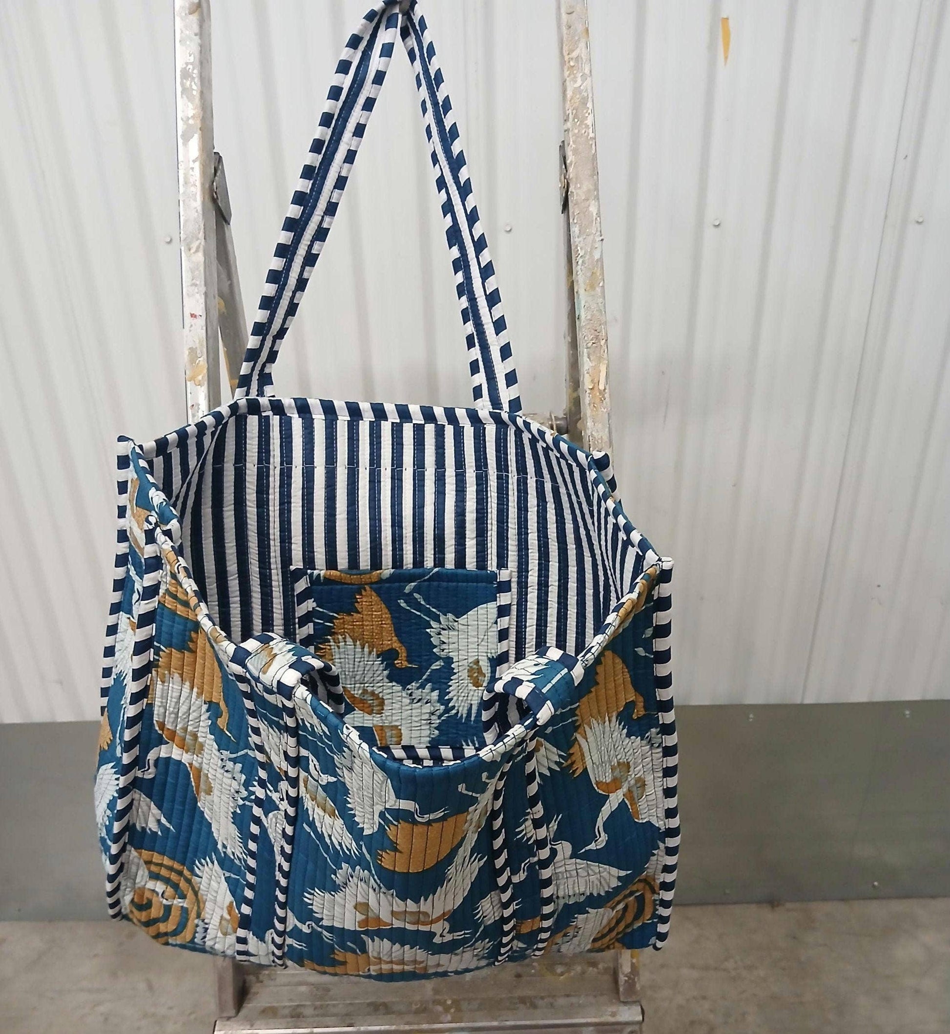 Blue Crane Cotton Kantha Large Quilted Tote Bag