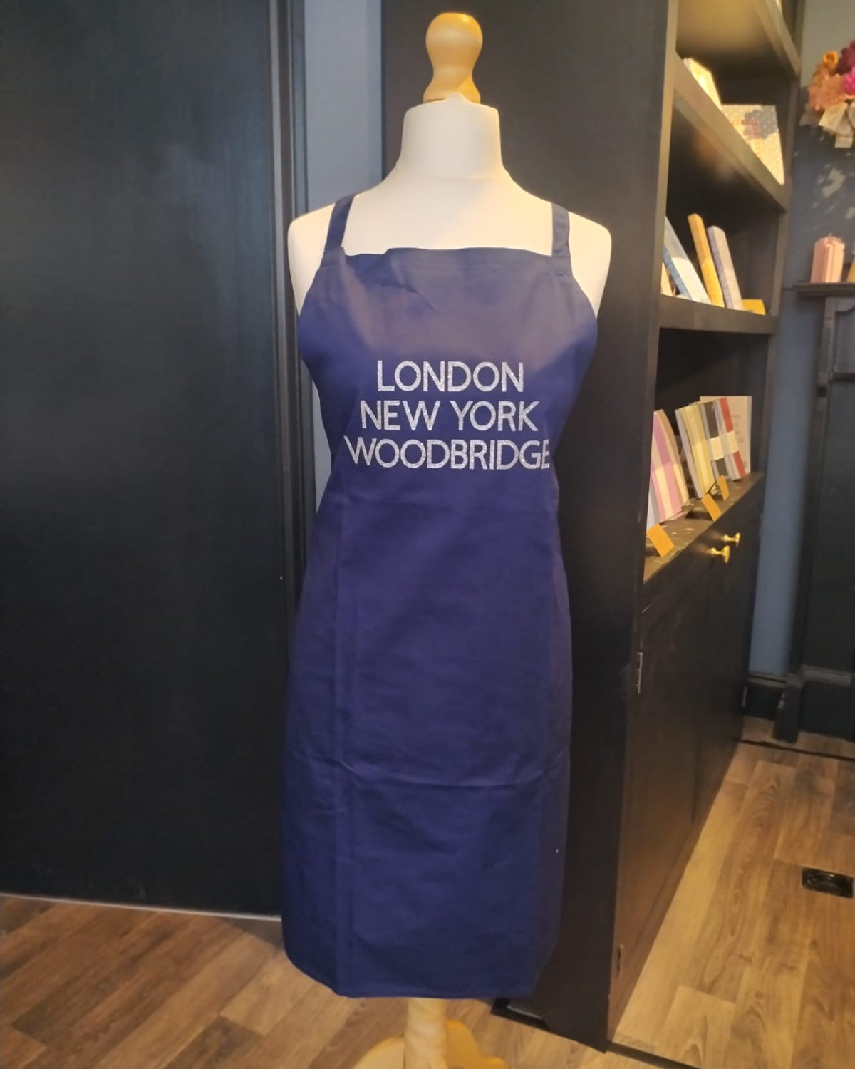 Blue Apron, London New York Woodbridge, Silver Letters
