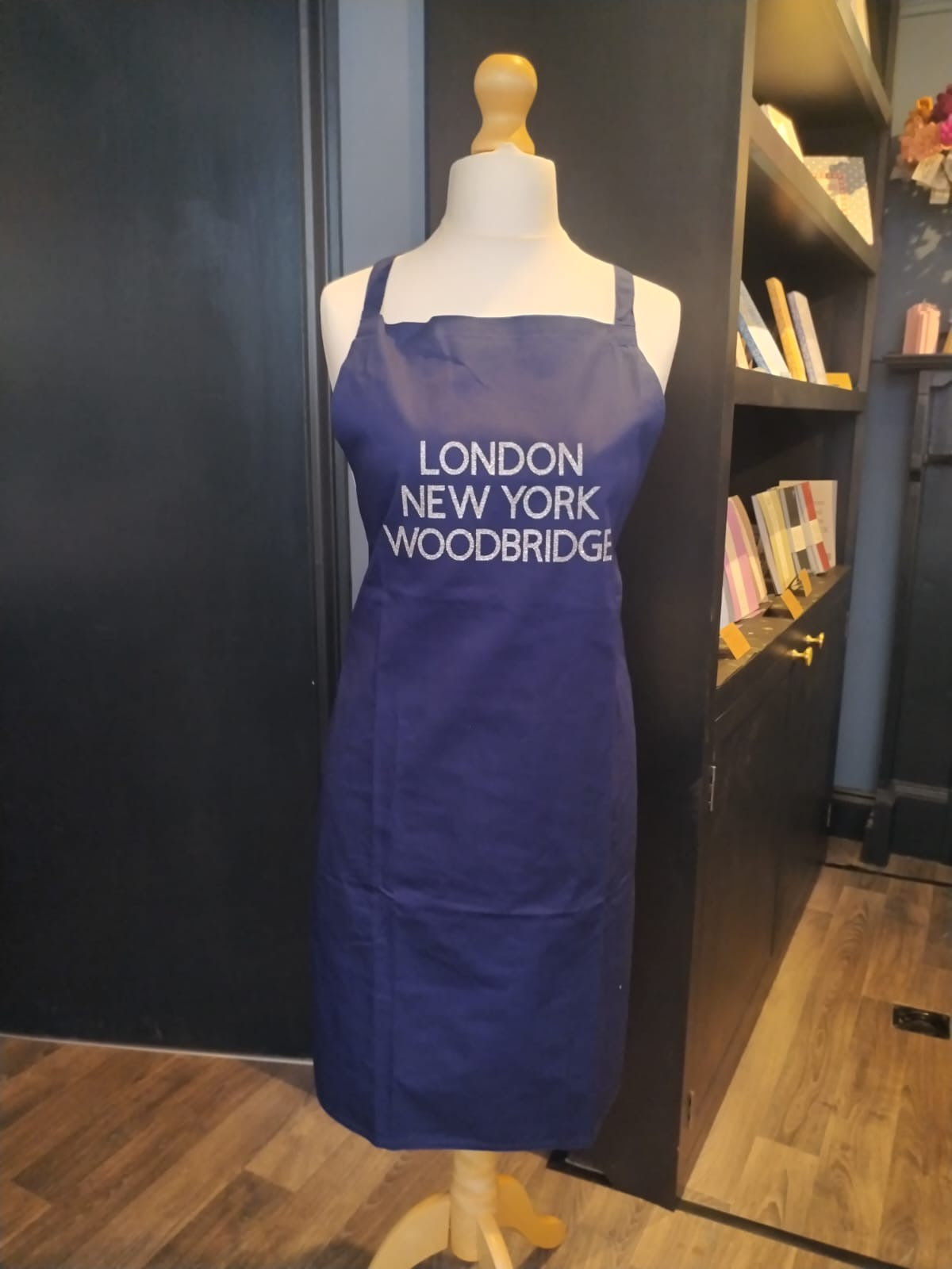 Blue Apron, London New York Woodbridge, Silver Letters