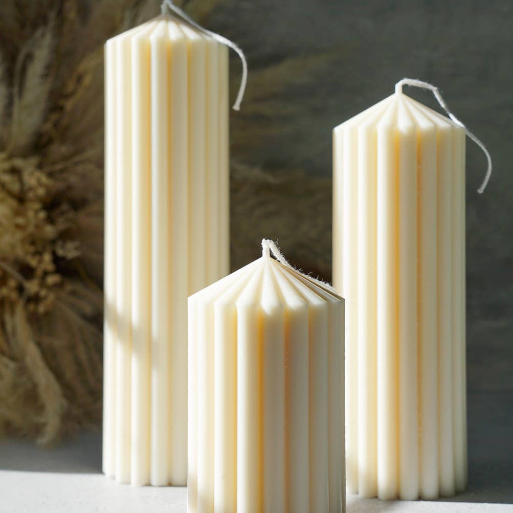 Tall White Ribbed Pillar Candle Handmade Soywax