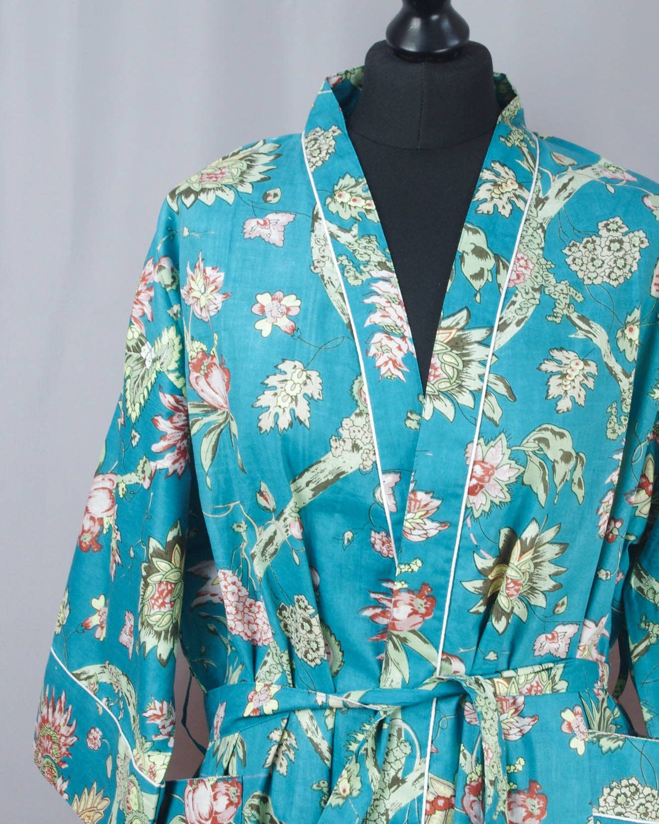 Cotton Kimono Dressing Gown Robe -Teal Wild Flowers