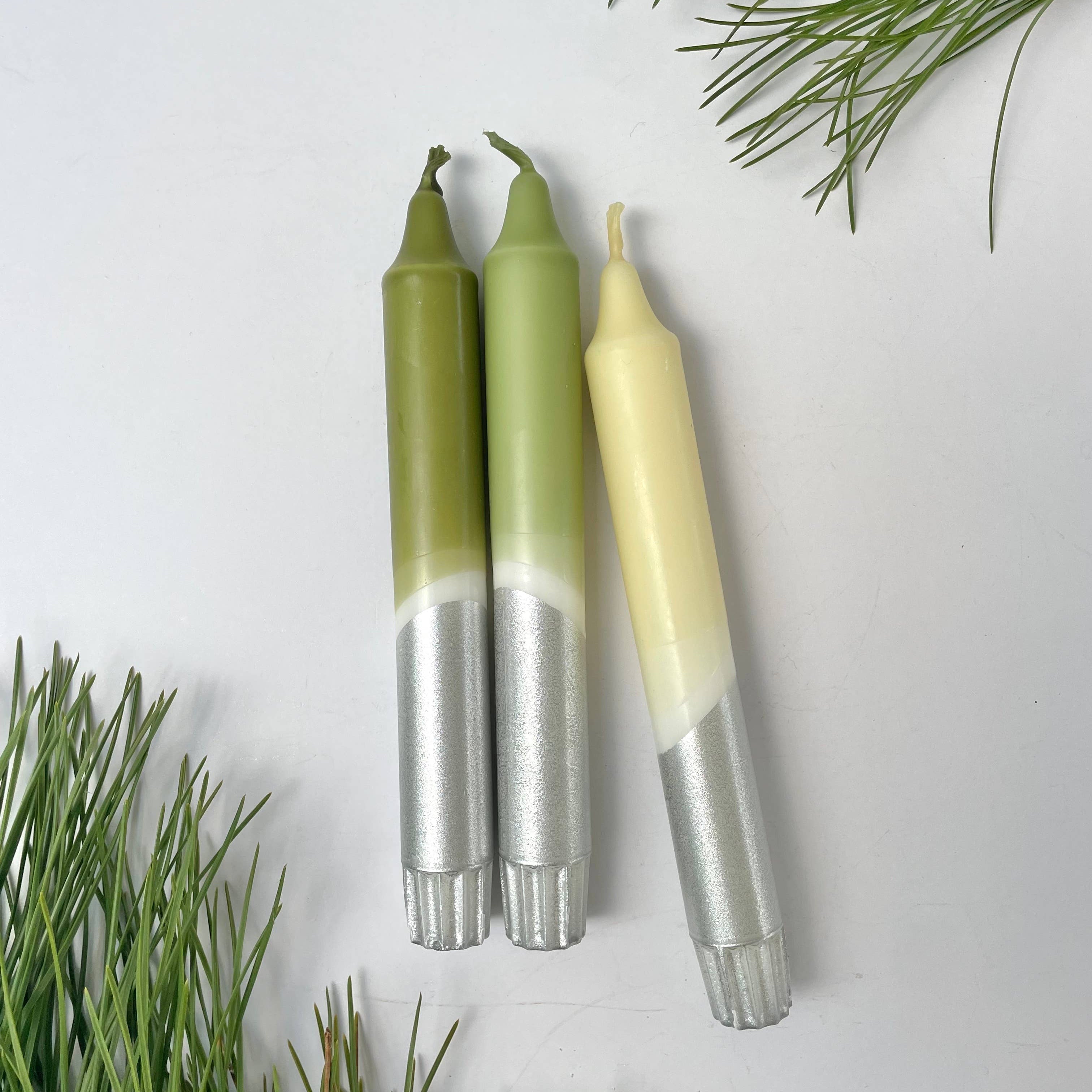 Frosted Forest & Silver Dip Dyed Dinner Candles