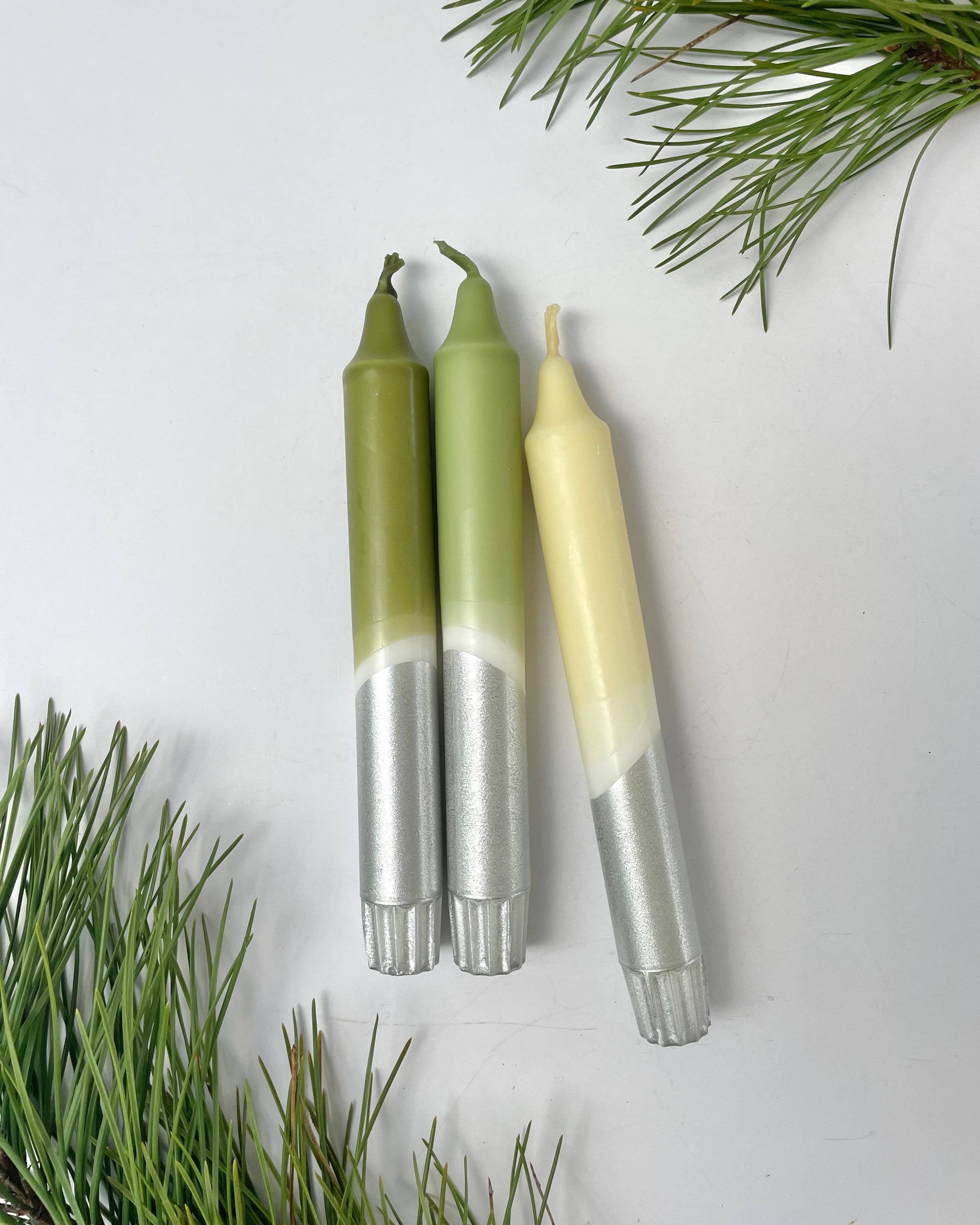 Frosted Forest & Silver Dip Dyed Dinner Candles