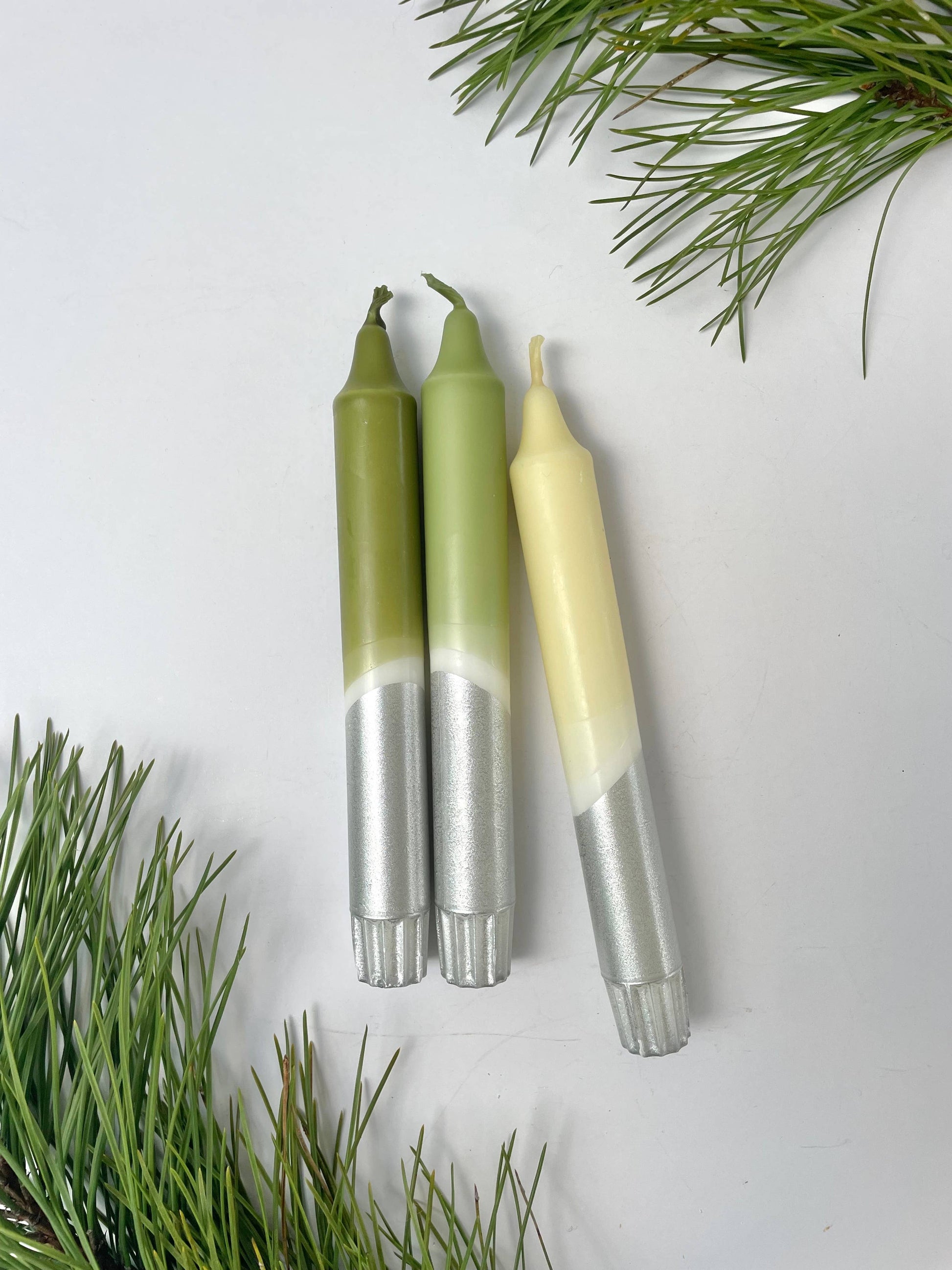 Frosted Forest & Silver Dip Dyed Dinner Candles