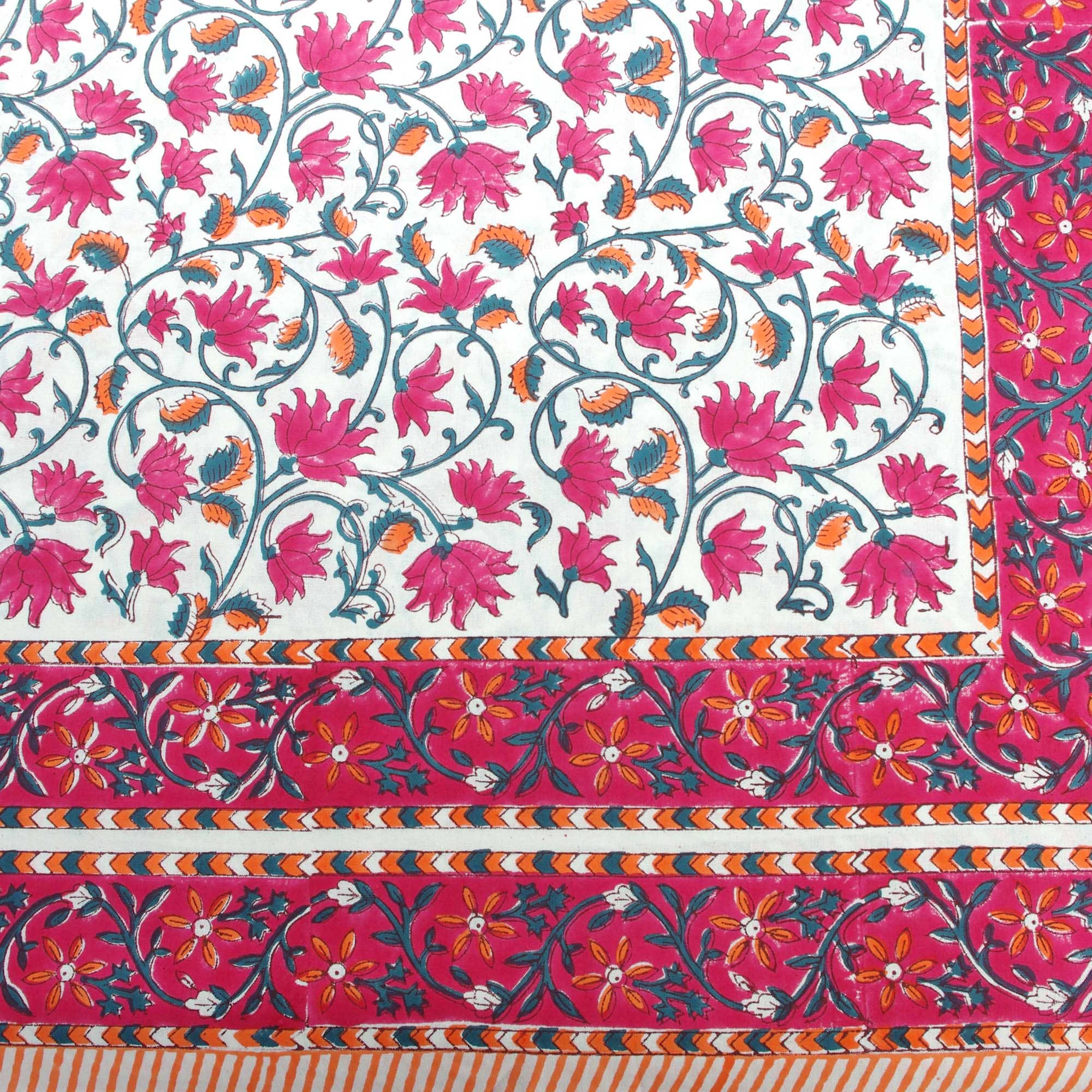 Block Printed Rectangular Tablecloth - Pink Floral Jaal