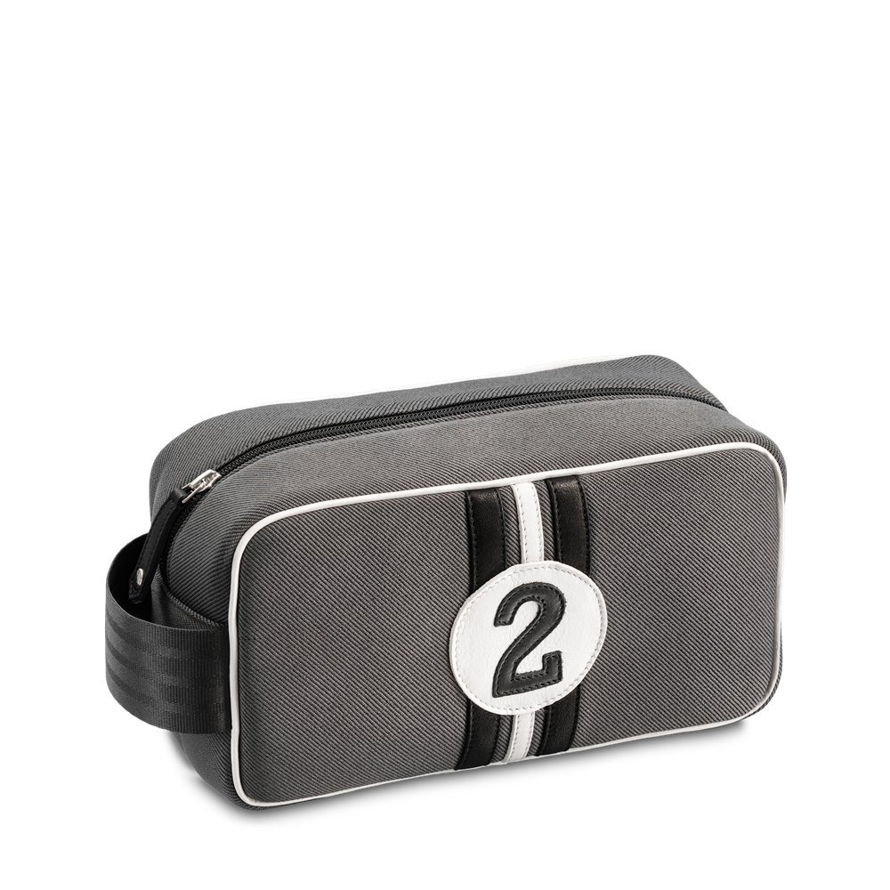 Gray toiletry bag with number 2 design on a white background