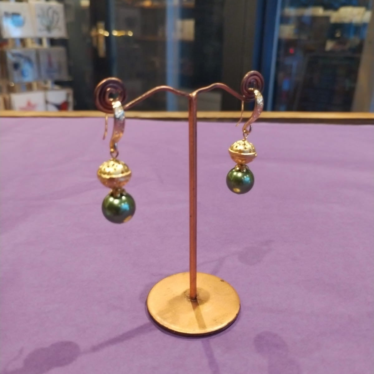 Green Pearl & Gold Drop Earrings