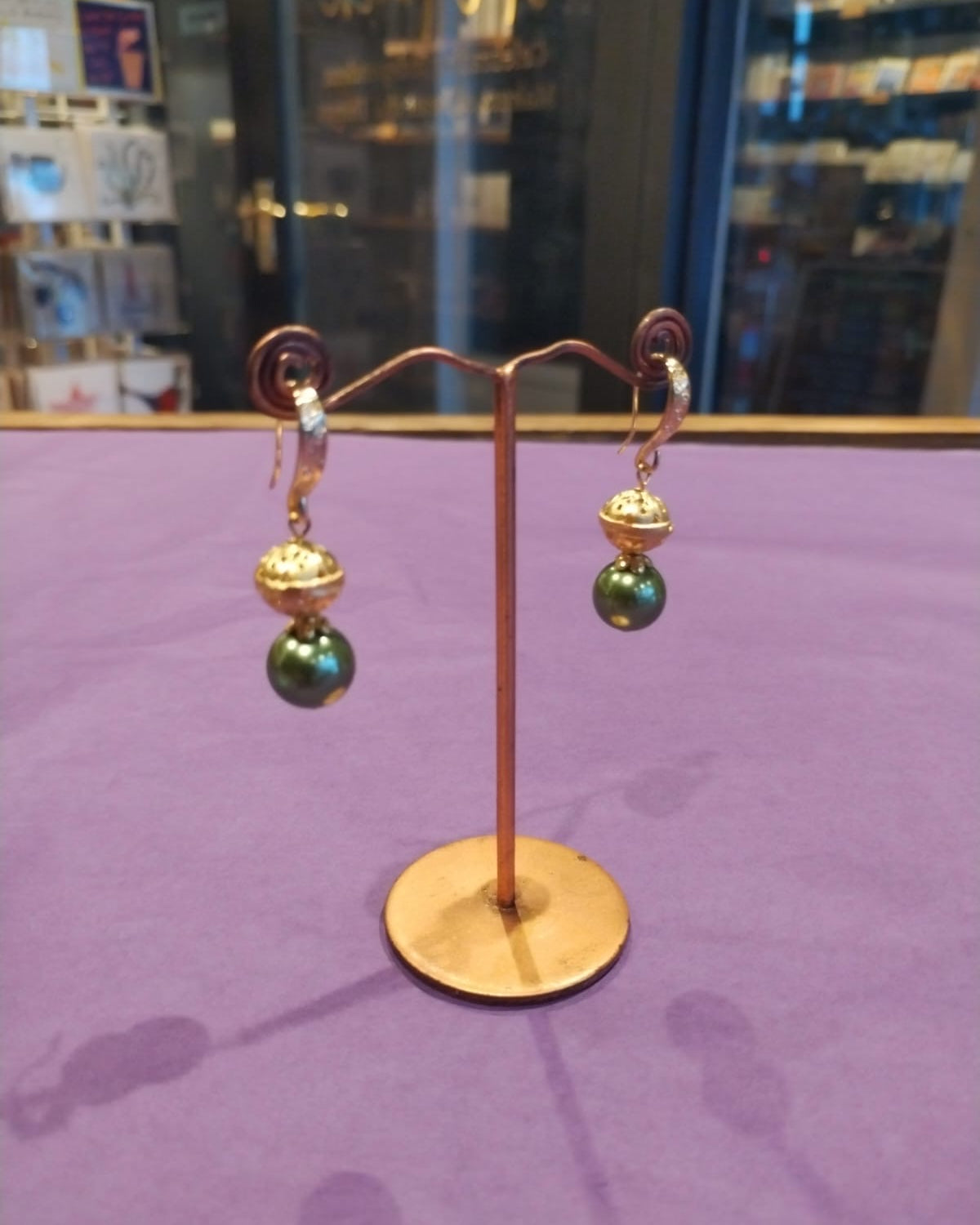 Green Pearl & Gold Drop Earrings