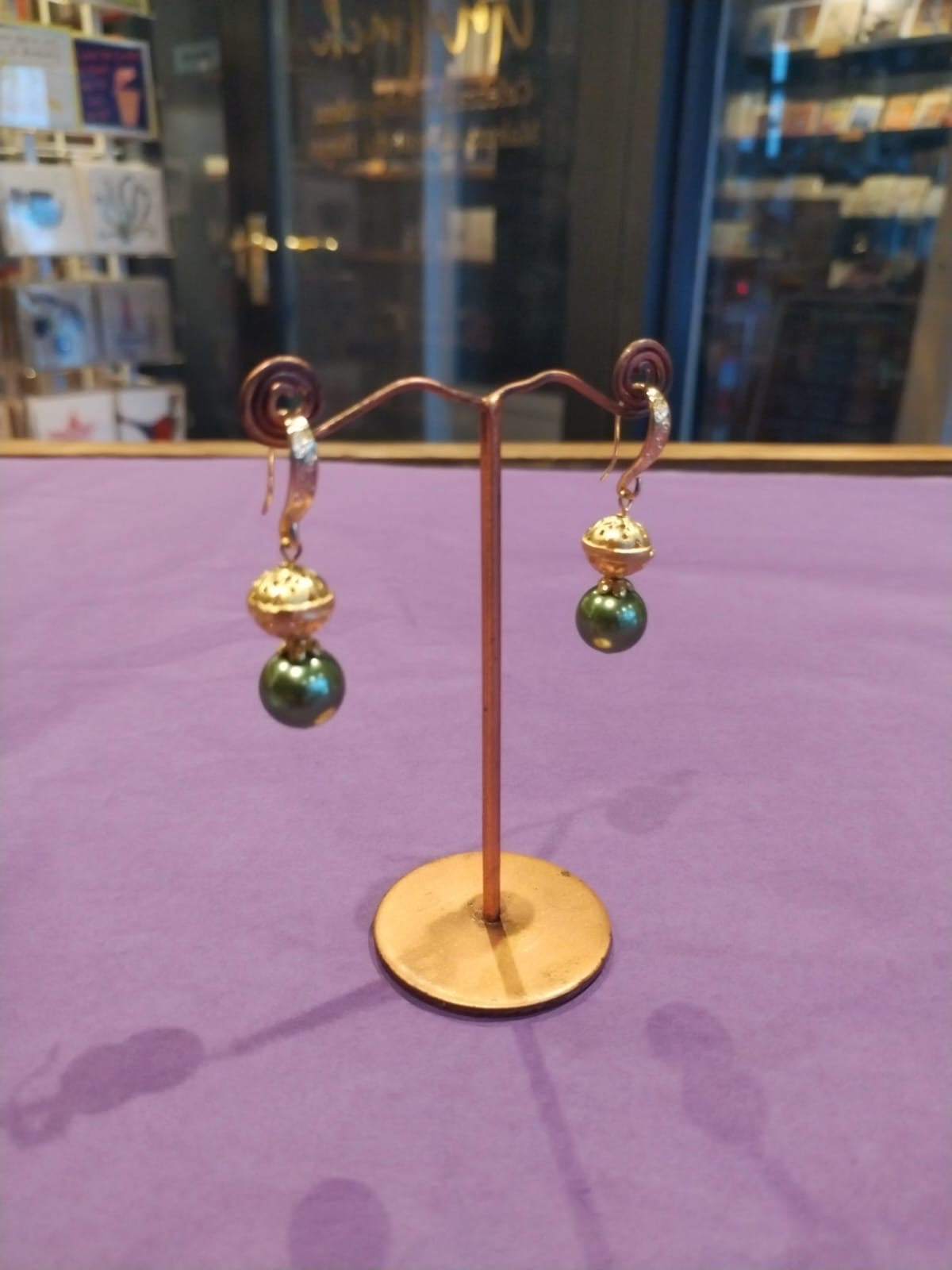 Green Pearl & Gold Drop Earrings