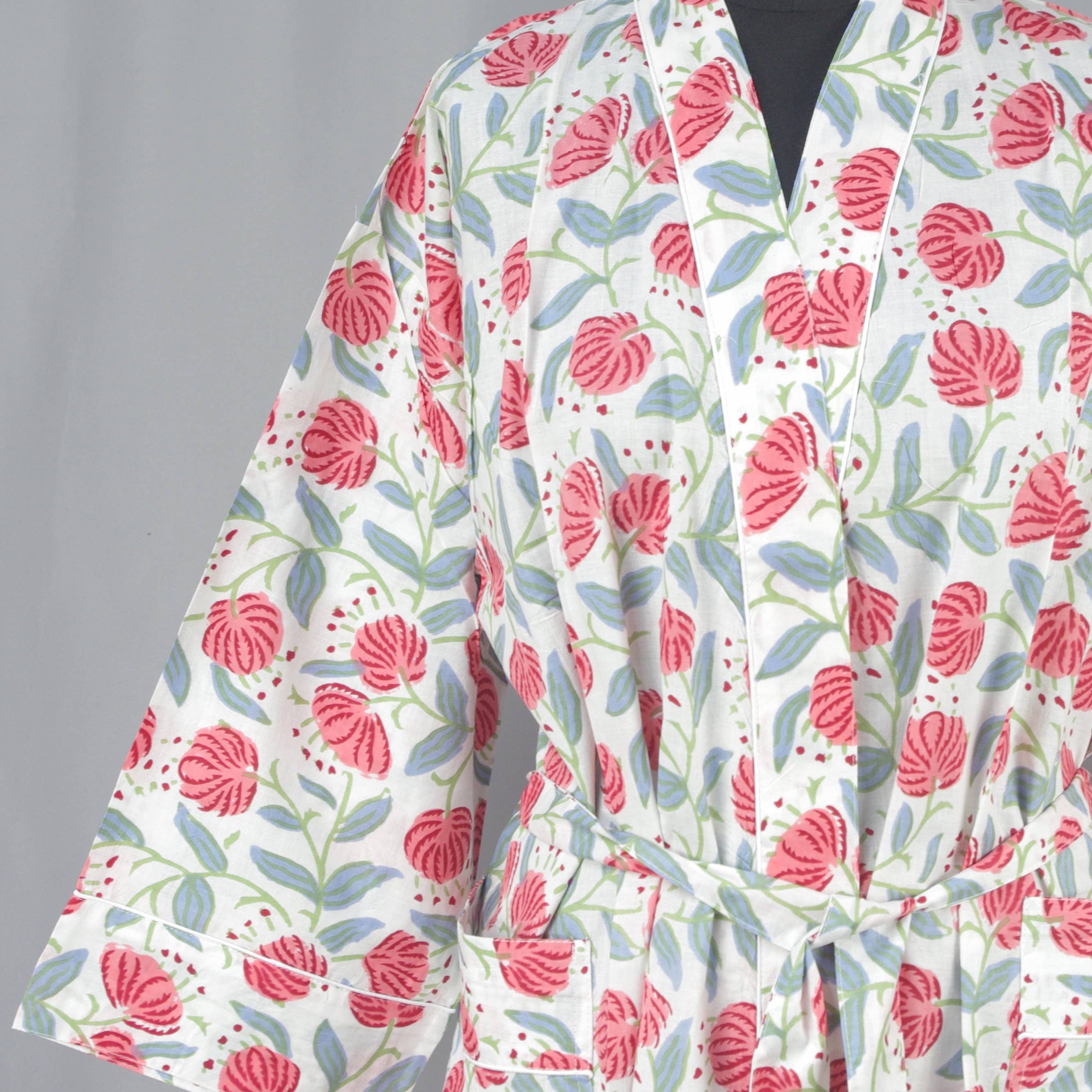 Cotton Kimono Dressing Gown - Red Dandelion On White