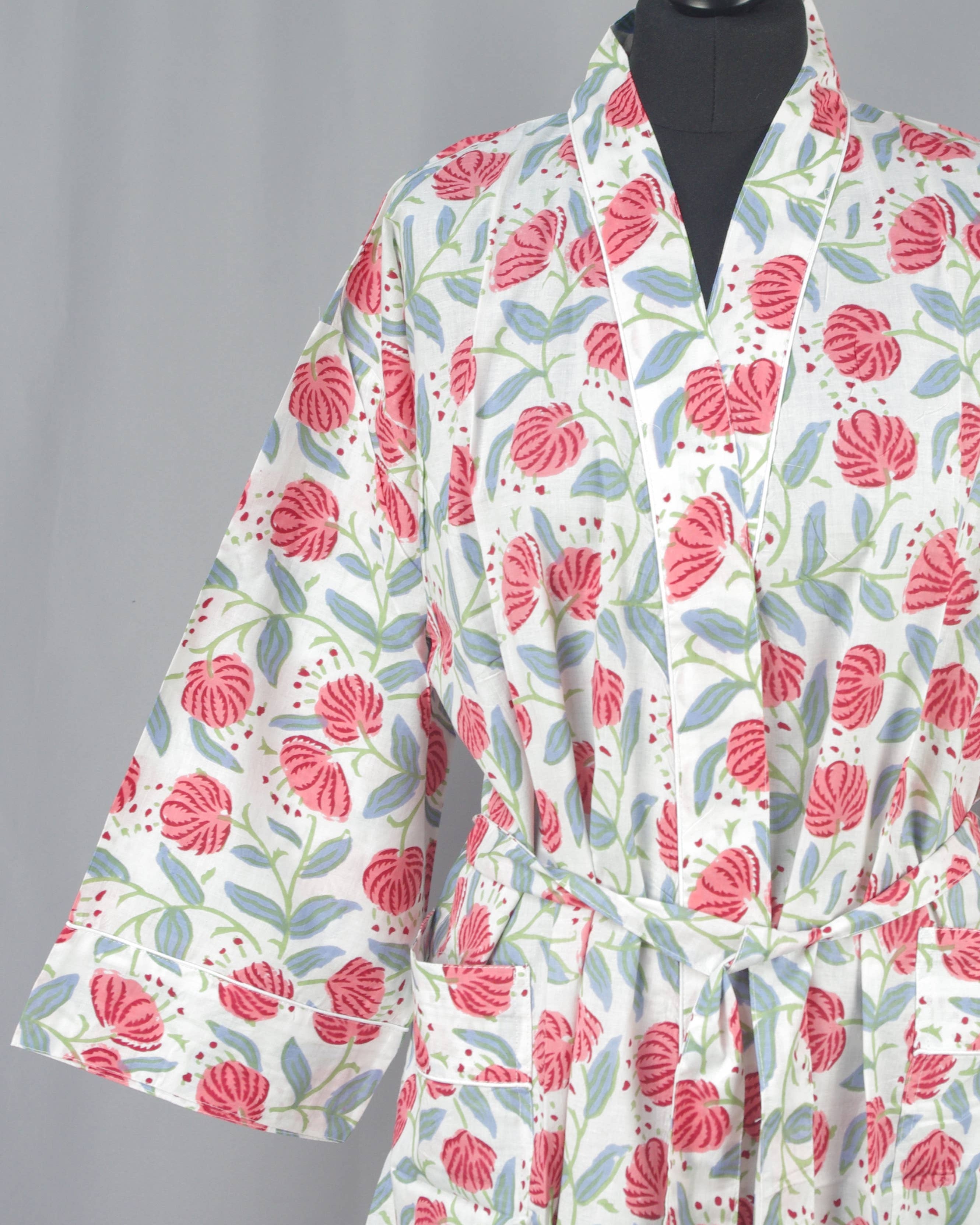 Cotton Kimono Dressing Gown - Red Dandelion On White