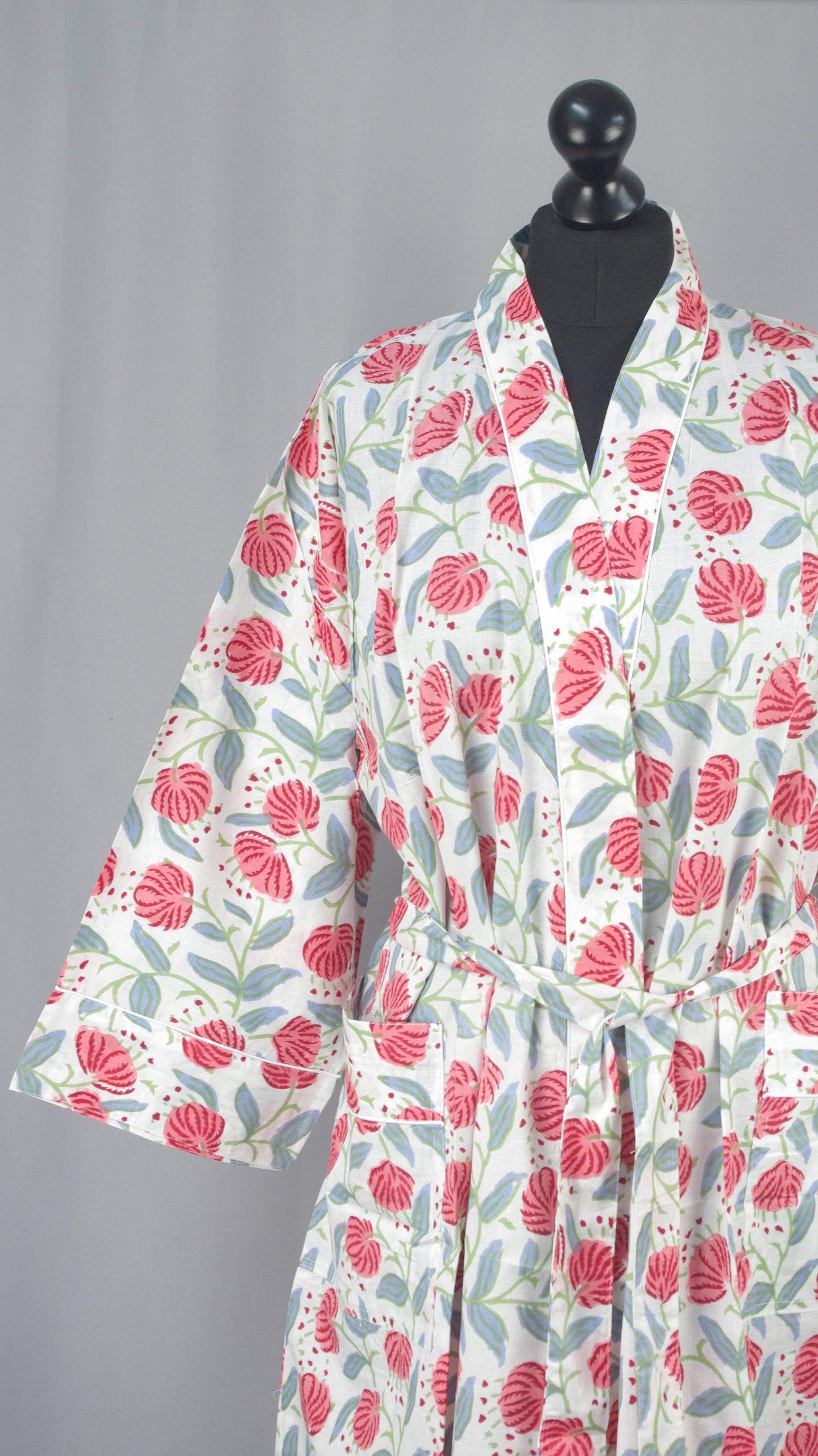 Cotton Kimono Dressing Gown - Red Dandelion On White