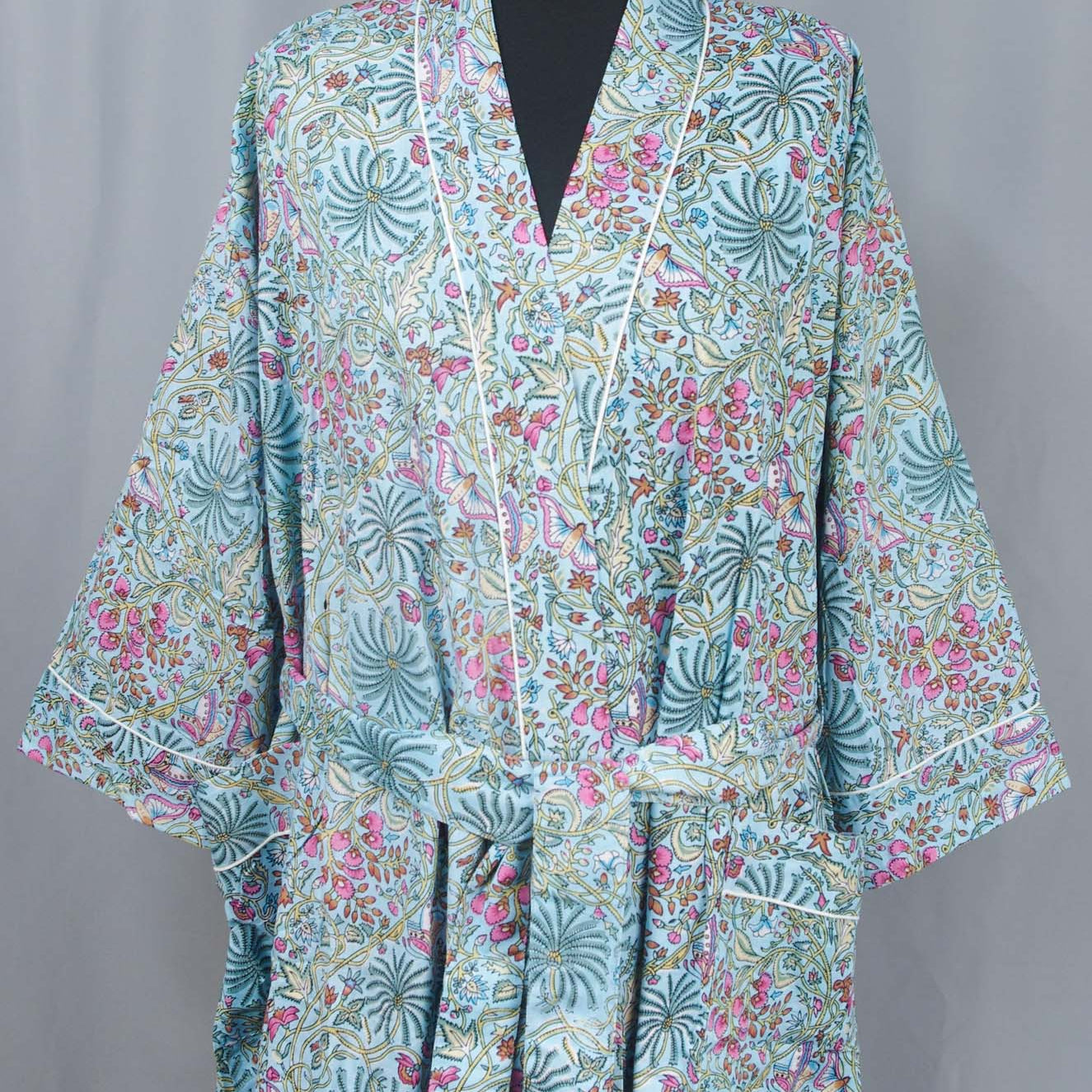 Cotton Kimono Dressing Gown Robe -Blue Turquoise  Palm Tree