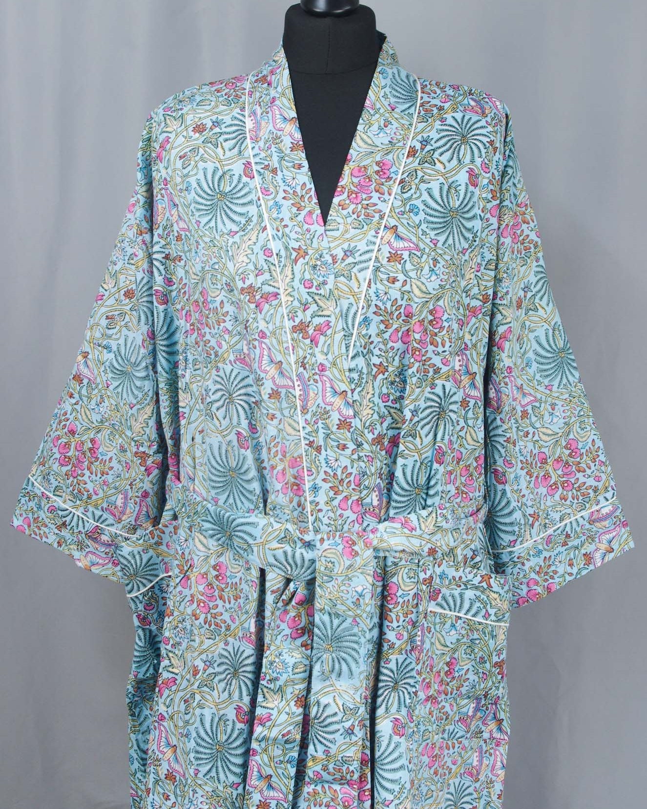 Cotton Kimono Dressing Gown Robe -Blue Turquoise  Palm Tree