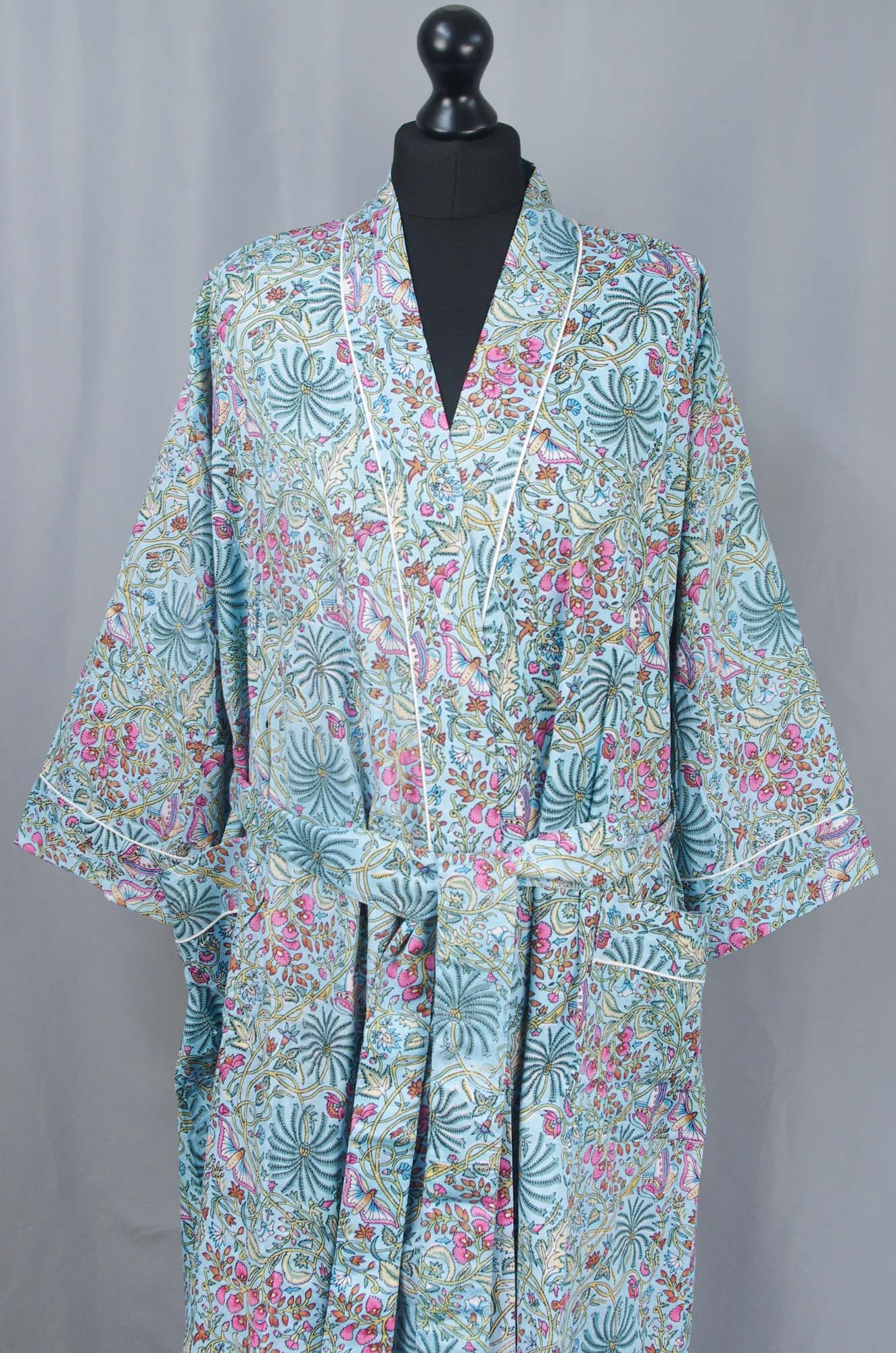 Cotton Kimono Dressing Gown Robe -Blue Turquoise  Palm Tree